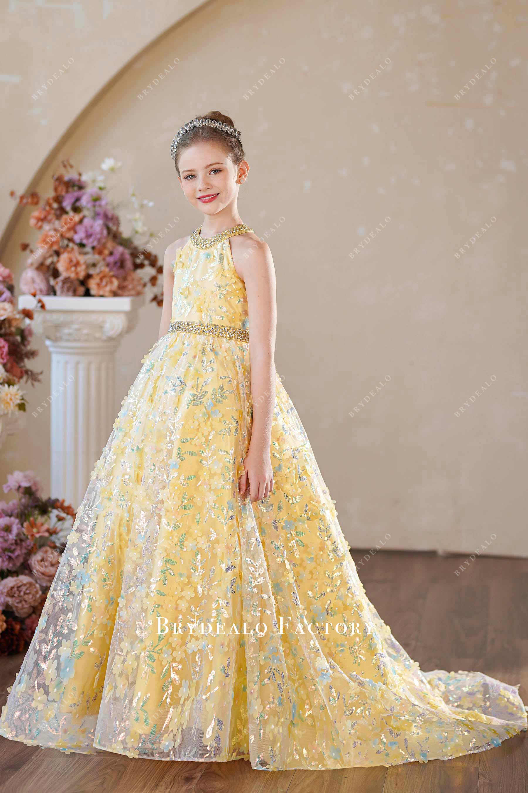 yellow 3D flower kids pageant dress