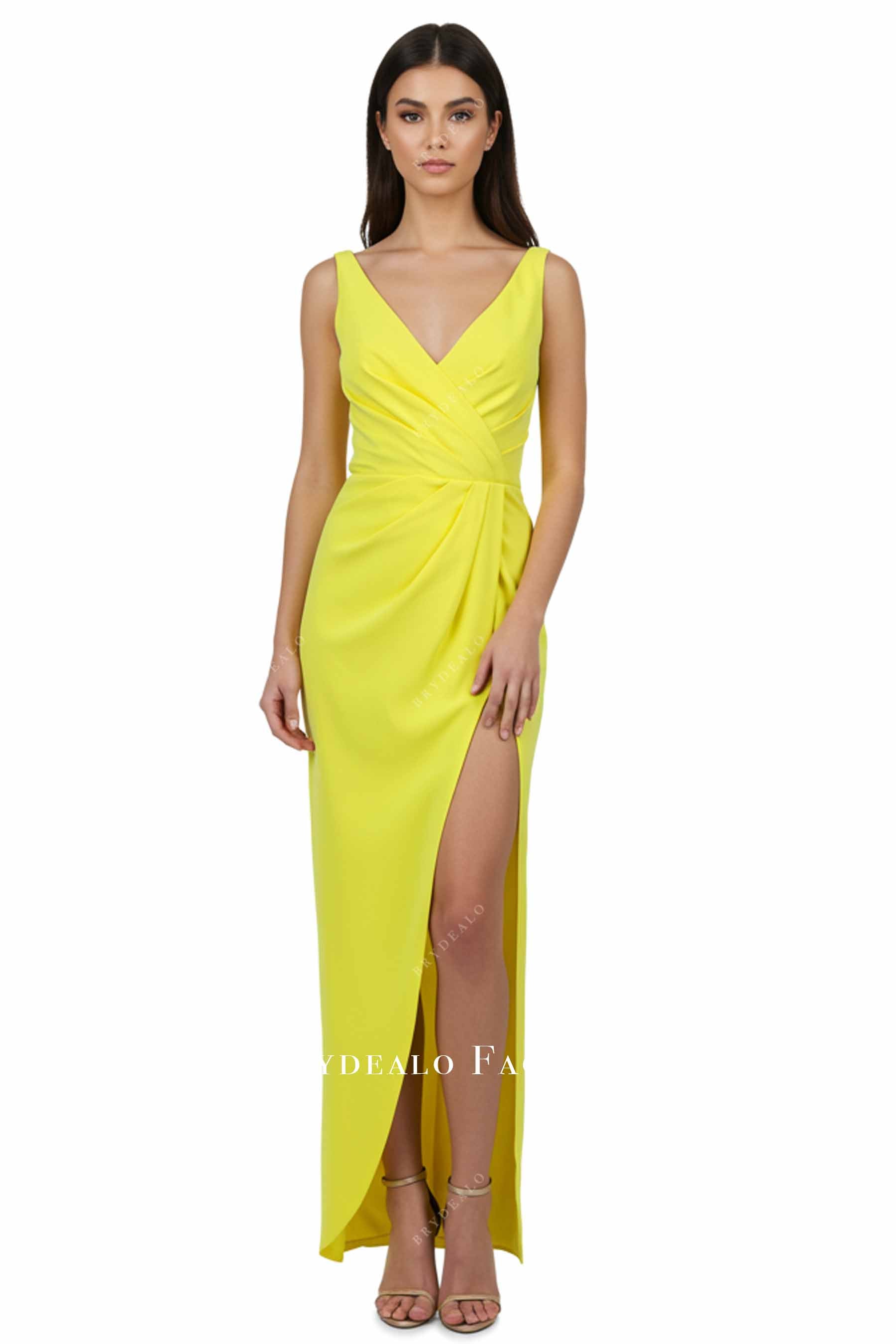yellow crepe high slit bridesmaid dress