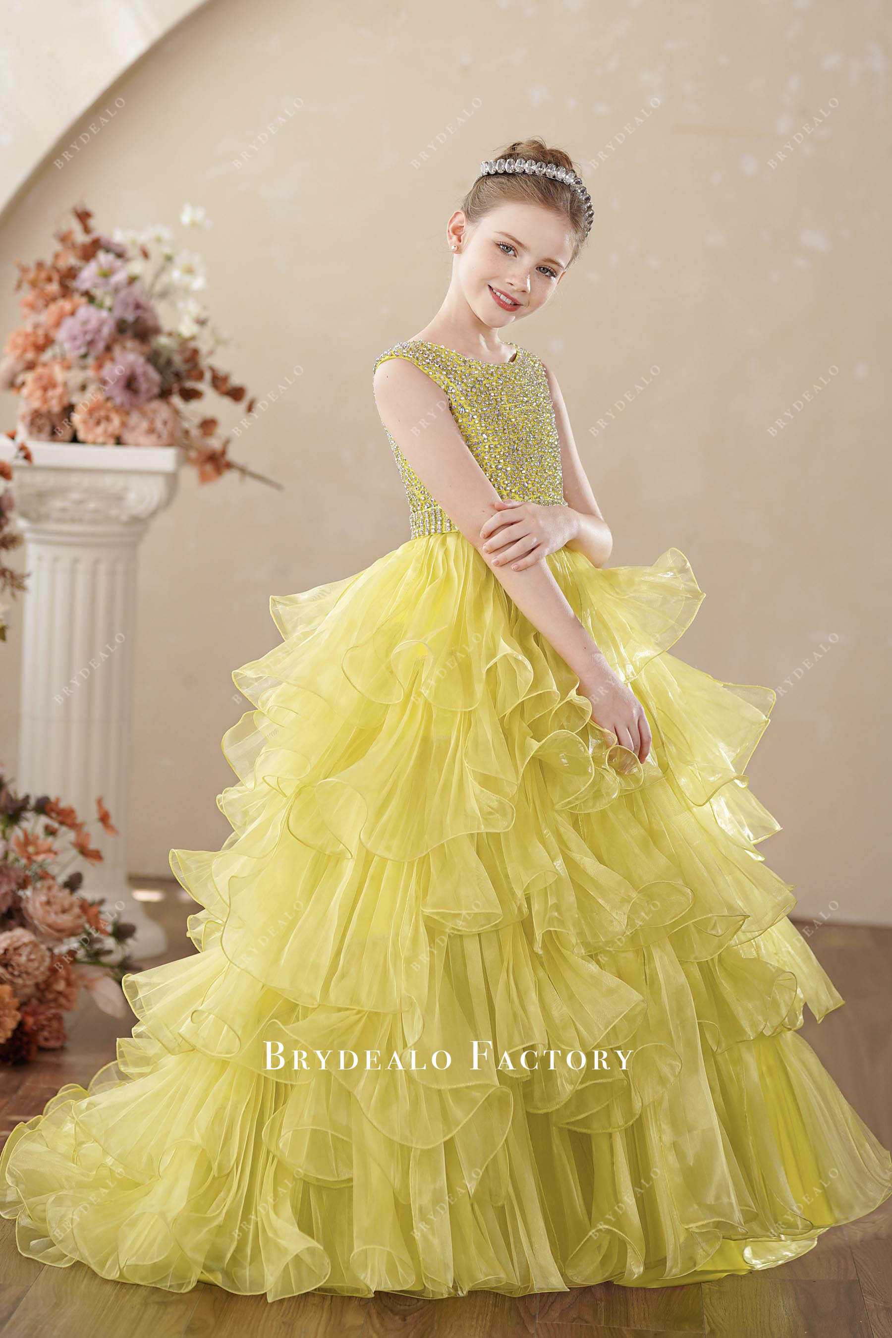 yellow rhinestone layered junior pageant dress