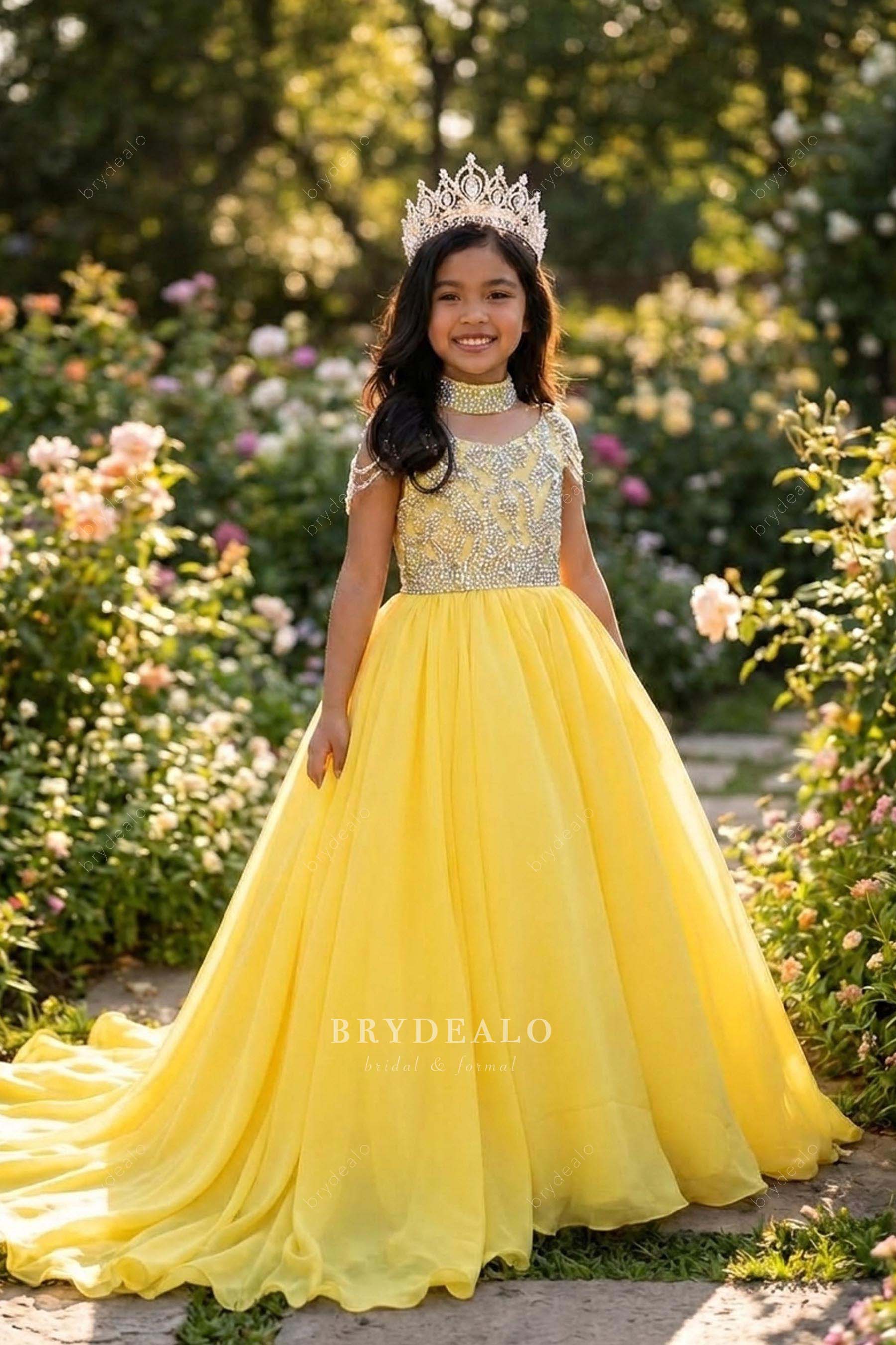 Yellow Little Girl Pageant Gown Choker Shoulder Rhinestone Chains