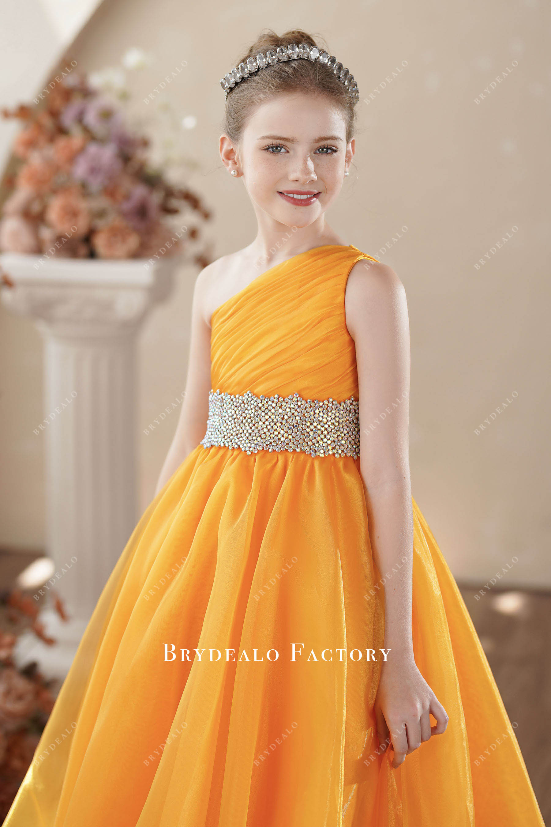 young girl one shoulder pageant dress