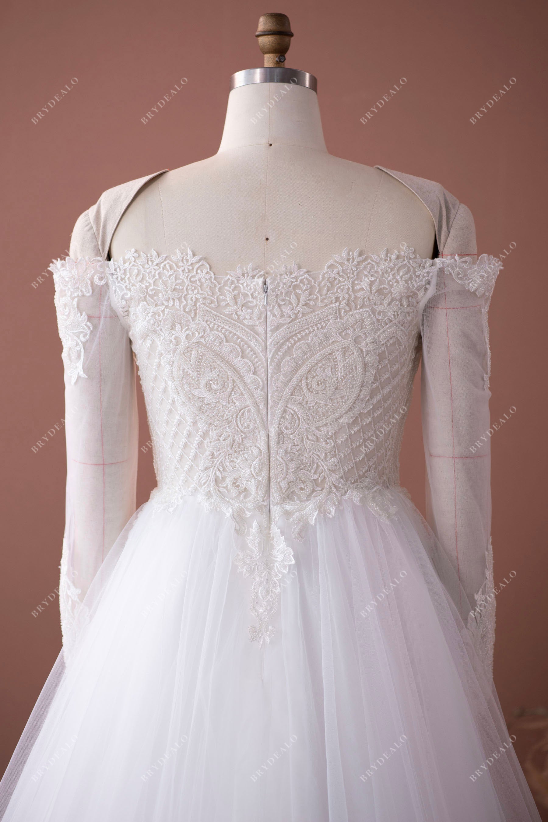 off shoulder illusion back wedding dress