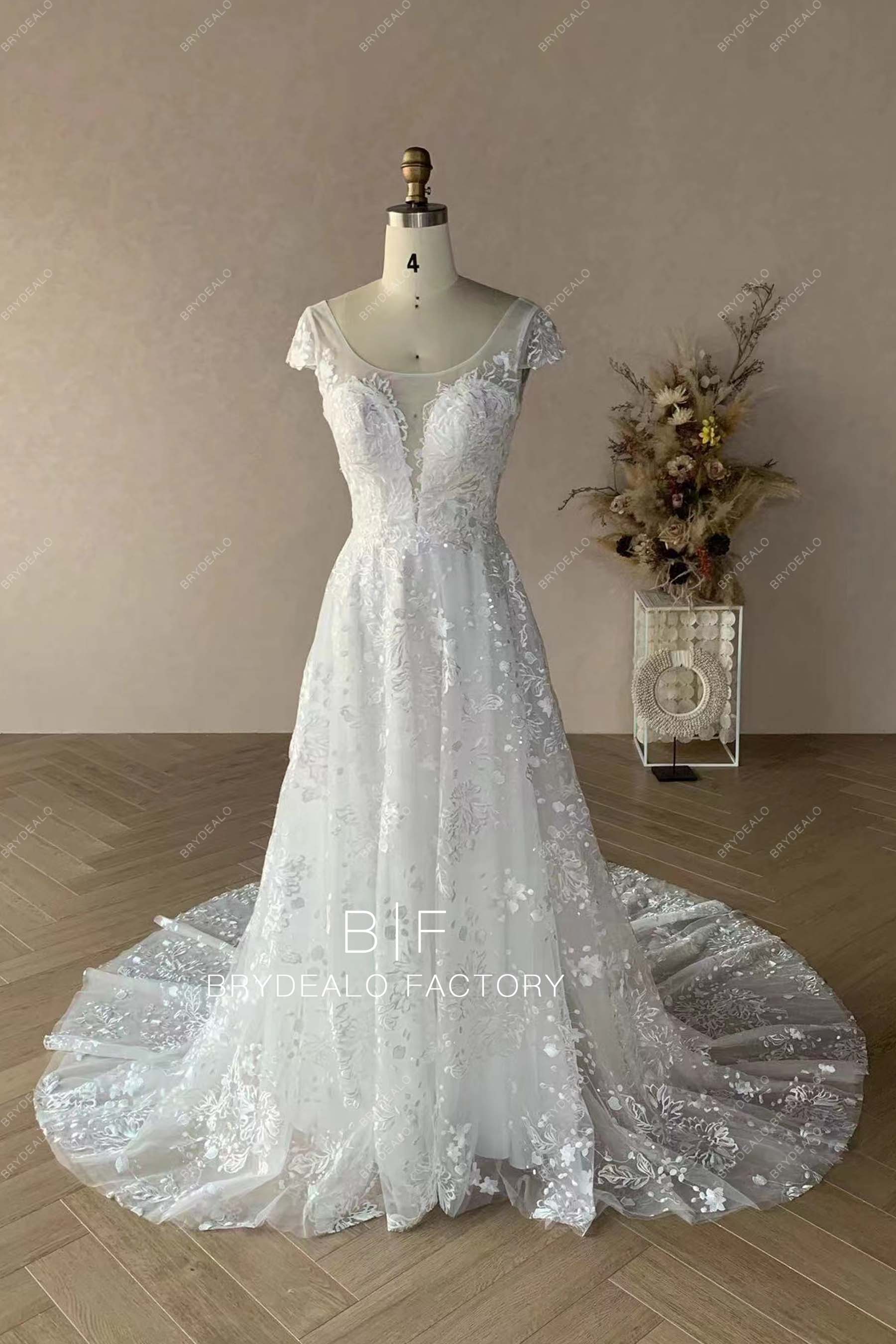 sachin and babi light blue dress Illusion Cap Sleeves Lace Backless A-line Wedding Dress