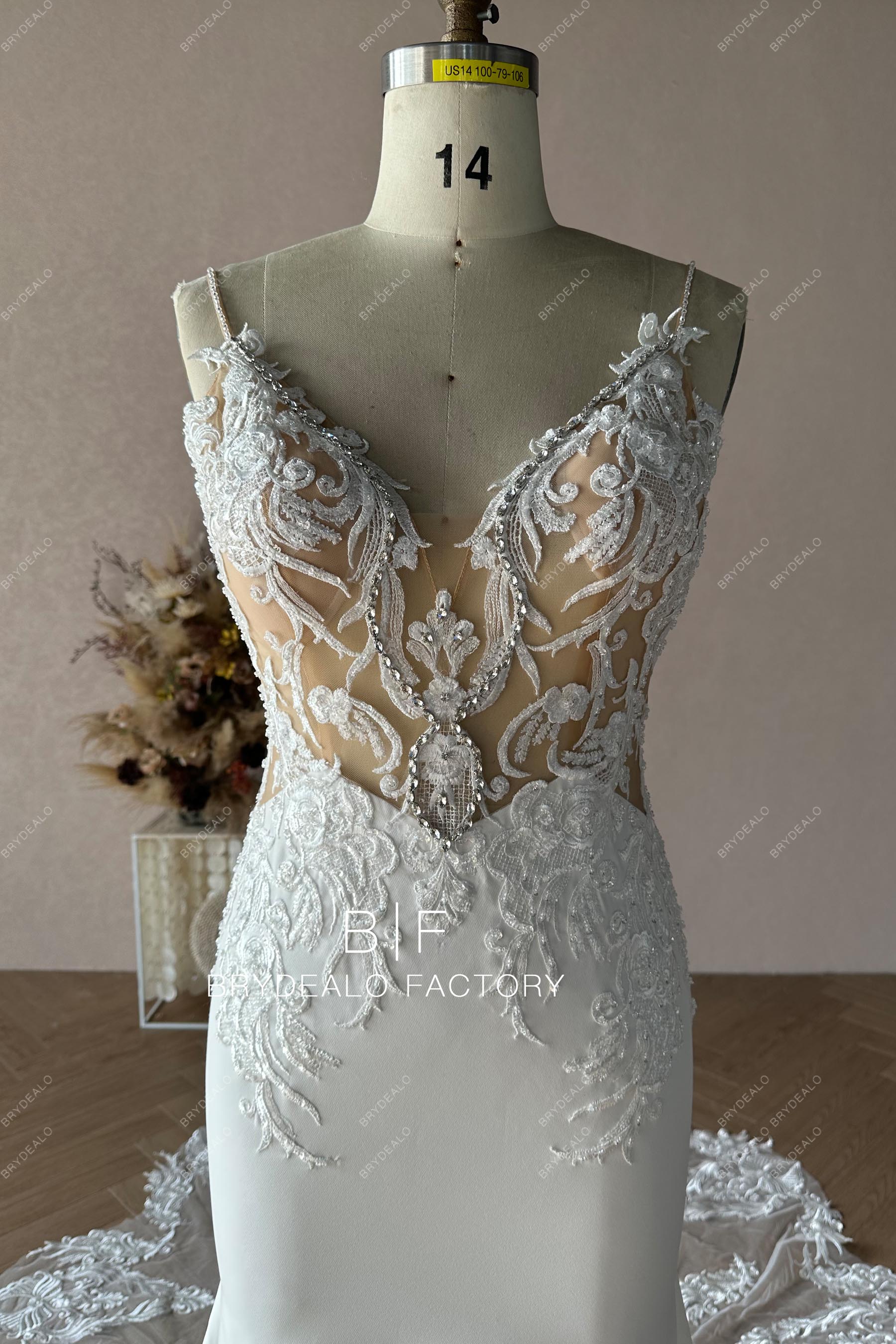 rhinestones plunging neck sleeveless wedding dress
