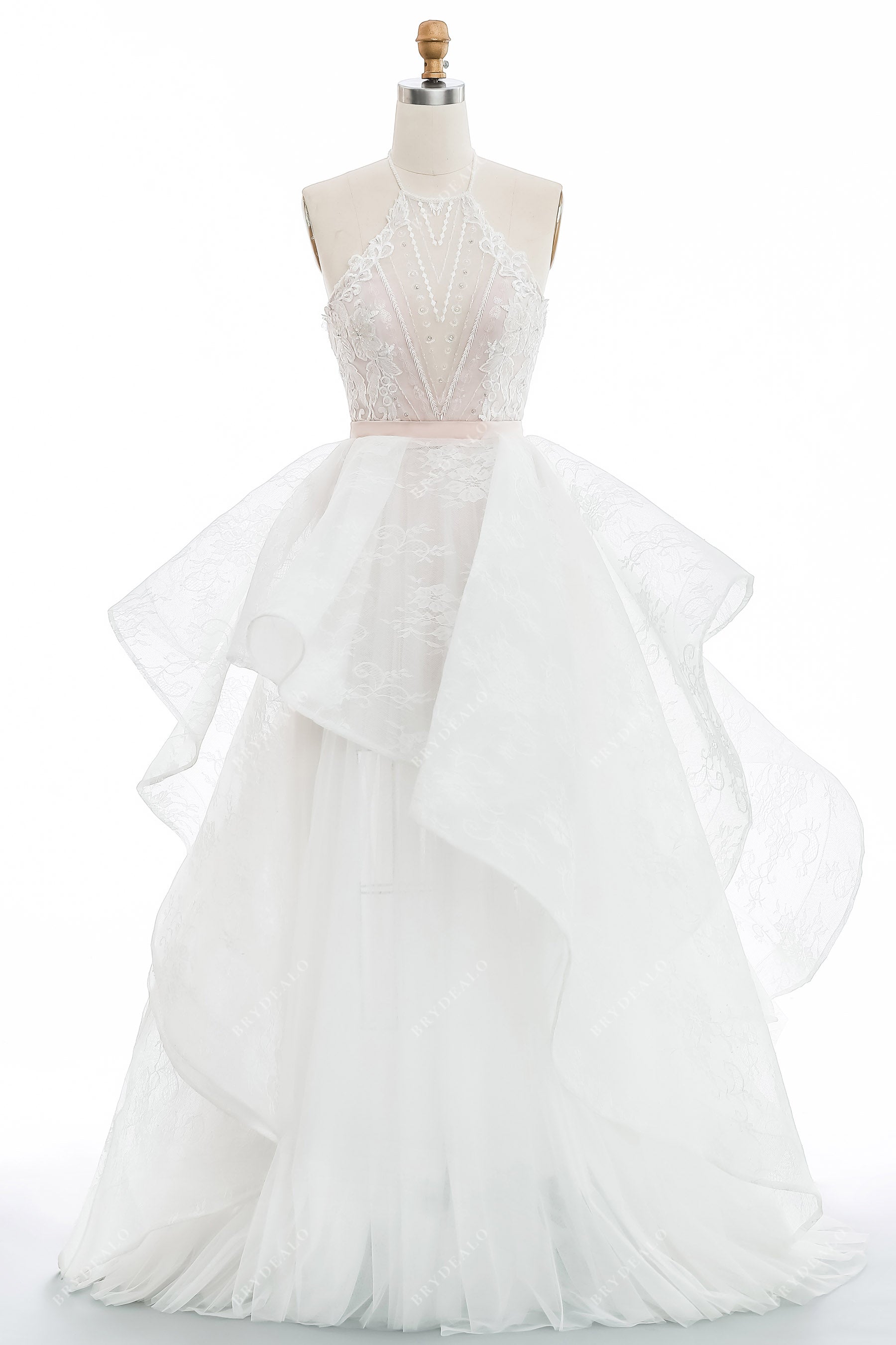 2-in-1 beaded halter structured ruffled lace wedding ball gown