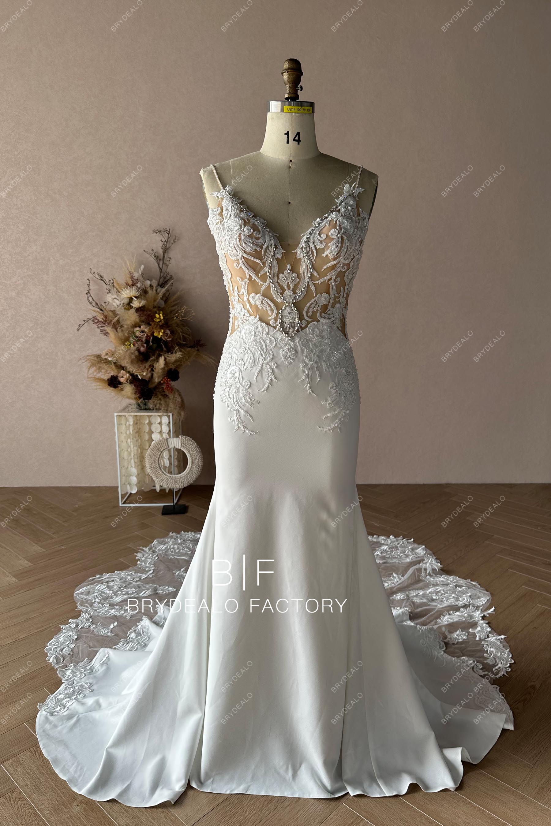 Private Label Custom Illusion Lace Crepe Mermaid Bridal Gown Private Label Custom Illusion Lace Crepe Mermaid Bridal Gown