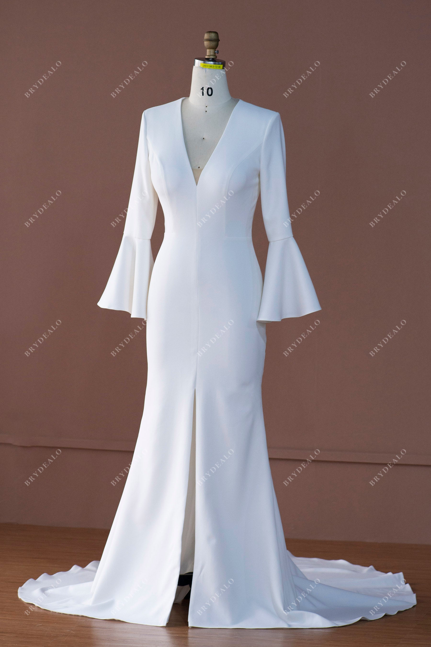 Crepe Fit Flare Wedding Dress V Neck Bell Sleeves Front Slit