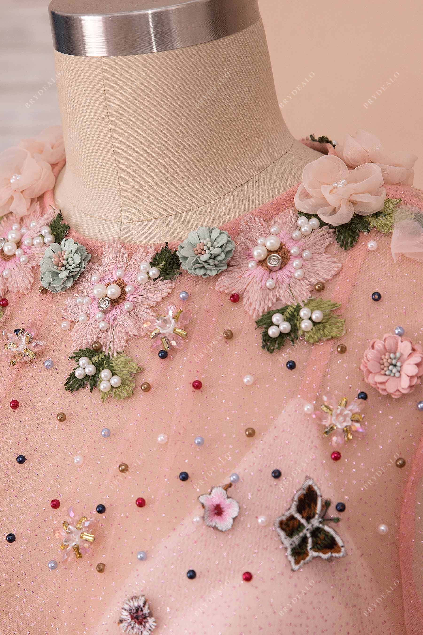 3D flowers pink glitter illusion neck prom gown