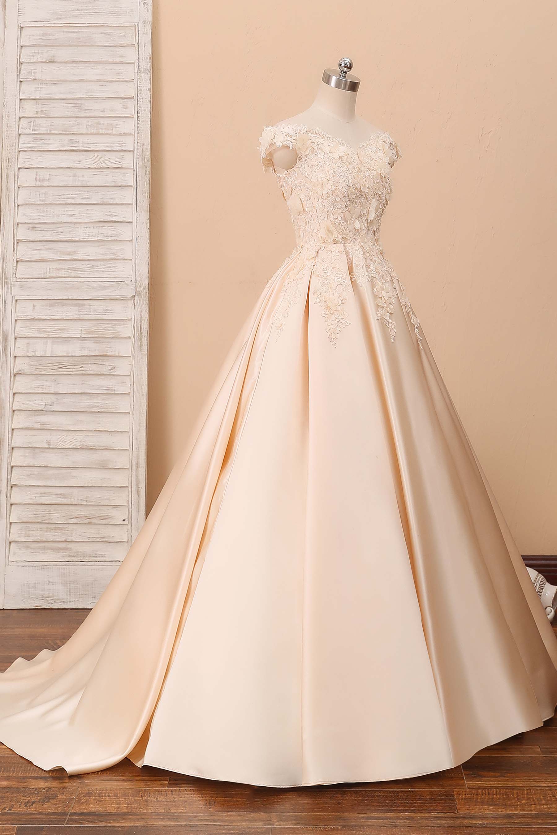 3D lace off-shoulder champagne ball gown wedding dress
