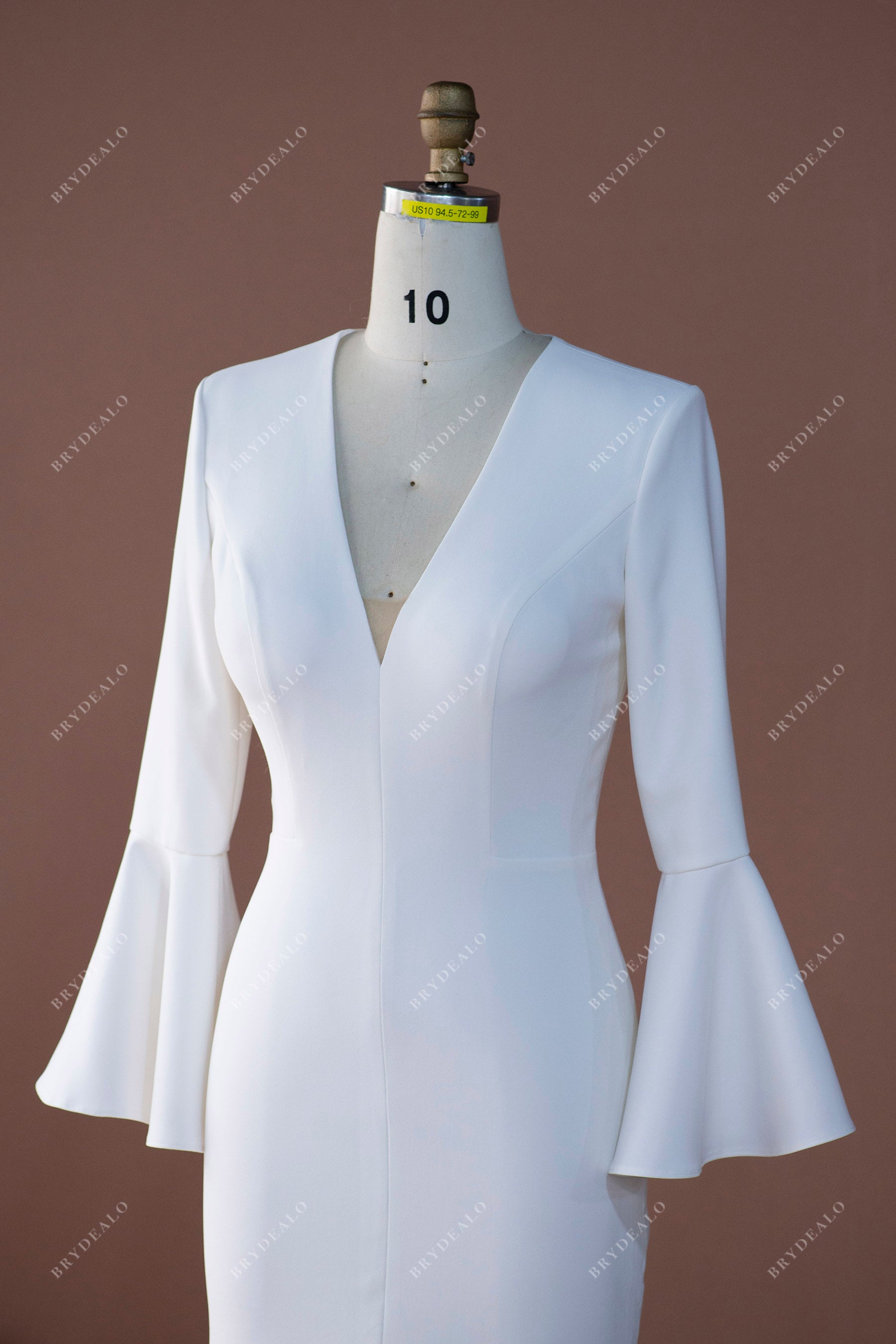 Crepe Fit Flare Wedding Dress V Neck Bell Sleeves Front Slit