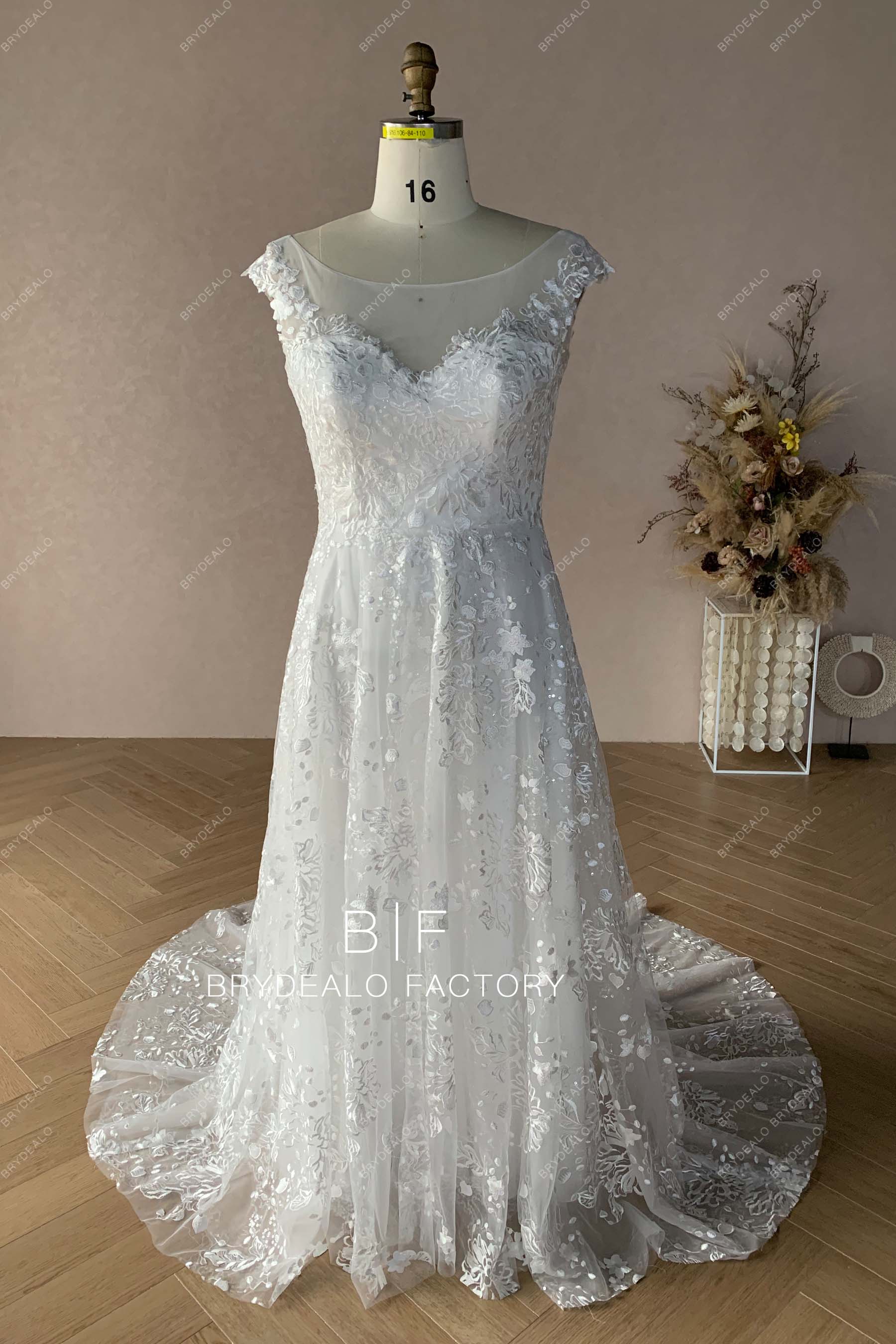 Plus Size Lace Illusion Neck A-line Bridal Dress Custom Size (email or note us measurements) / Light Ivory