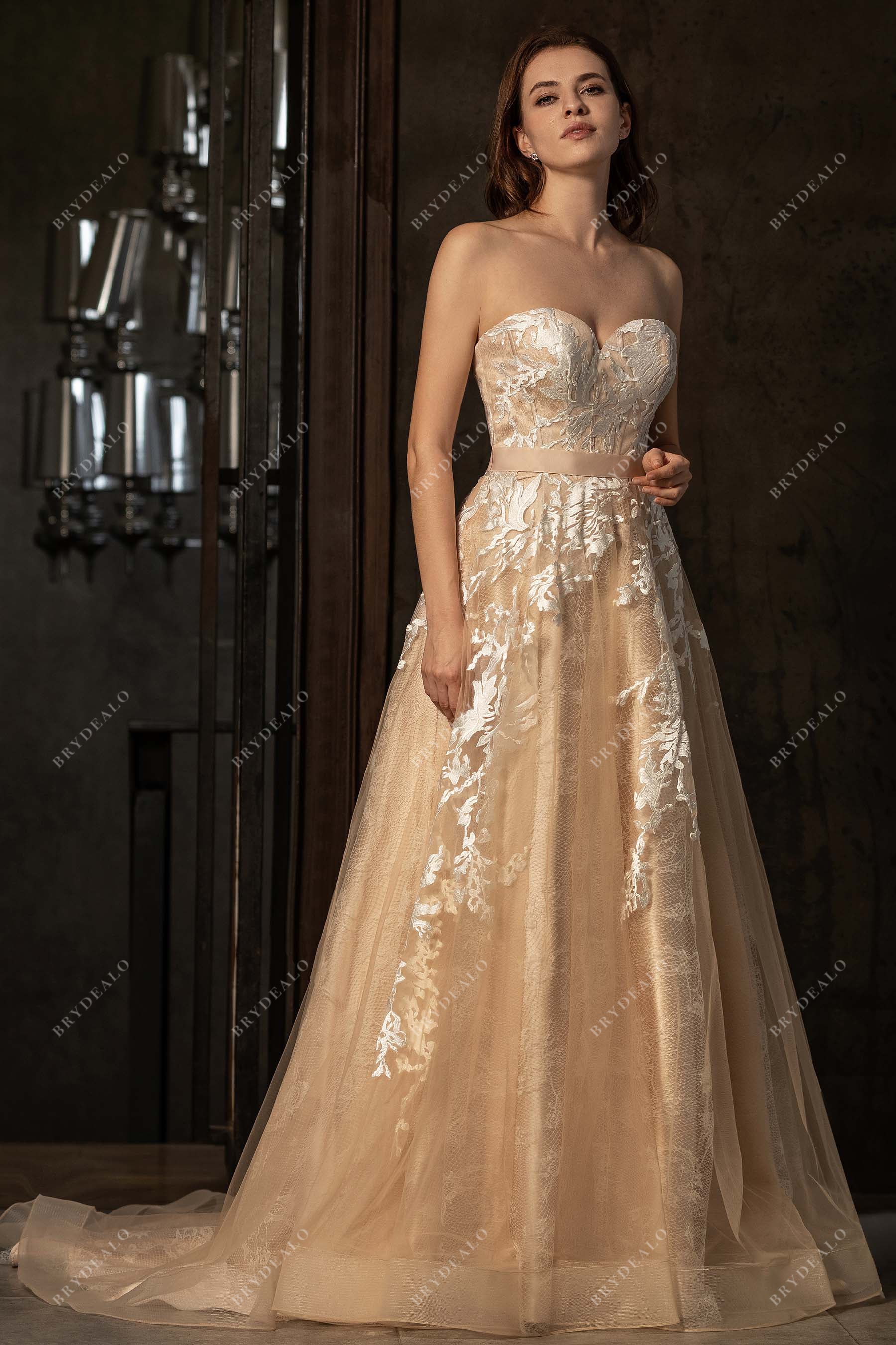 A-line colored strapless chapel train wedding dress