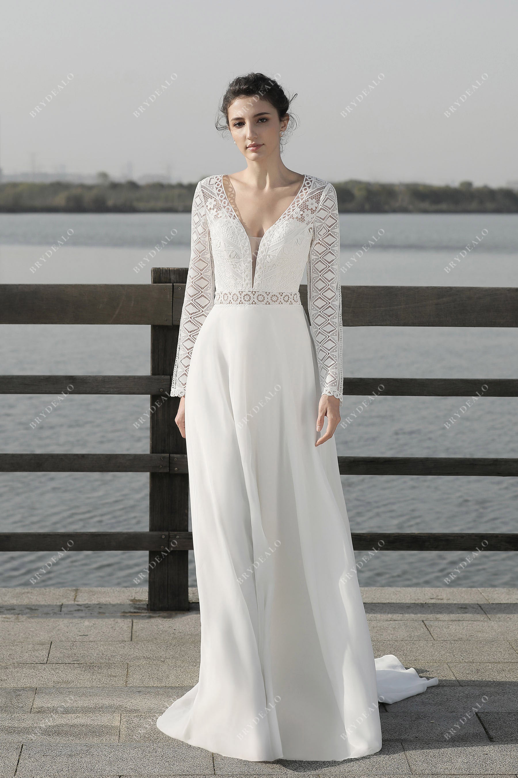 Simple Sleeved Plunging Slim Boho Wedding Dress