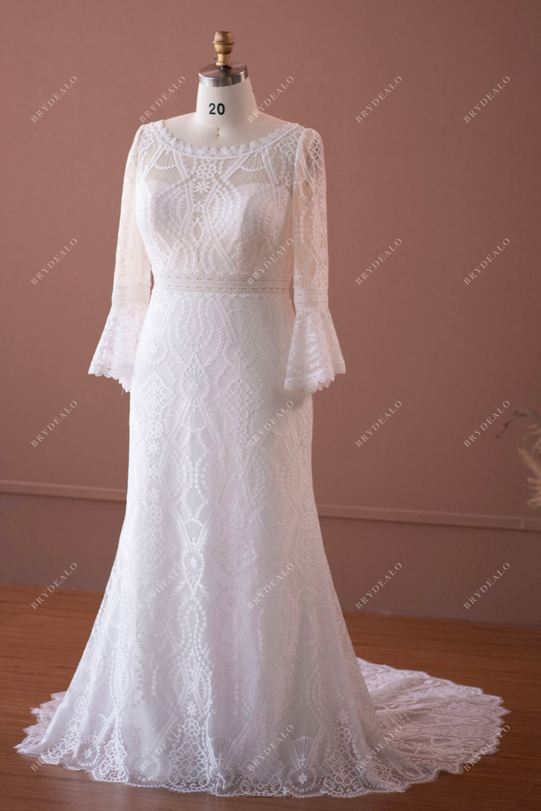 plus size bell sleeve lace A-line wedding dress