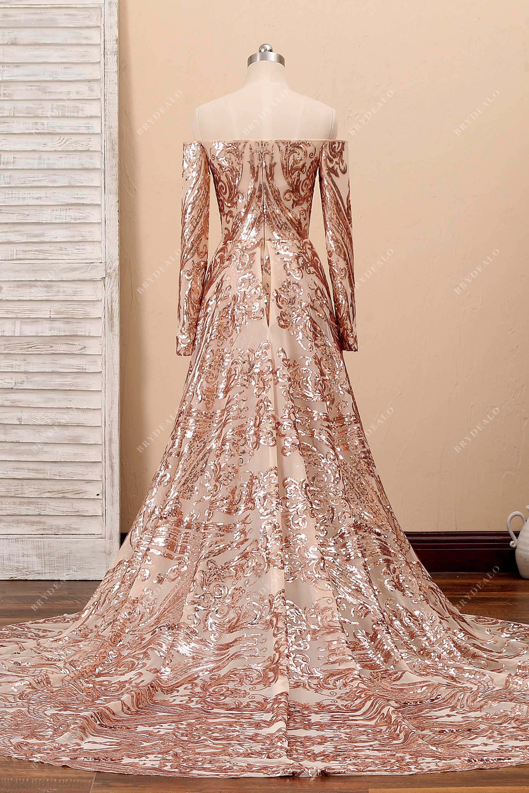 A-line off-shoulder champagne gold sequin prom dress