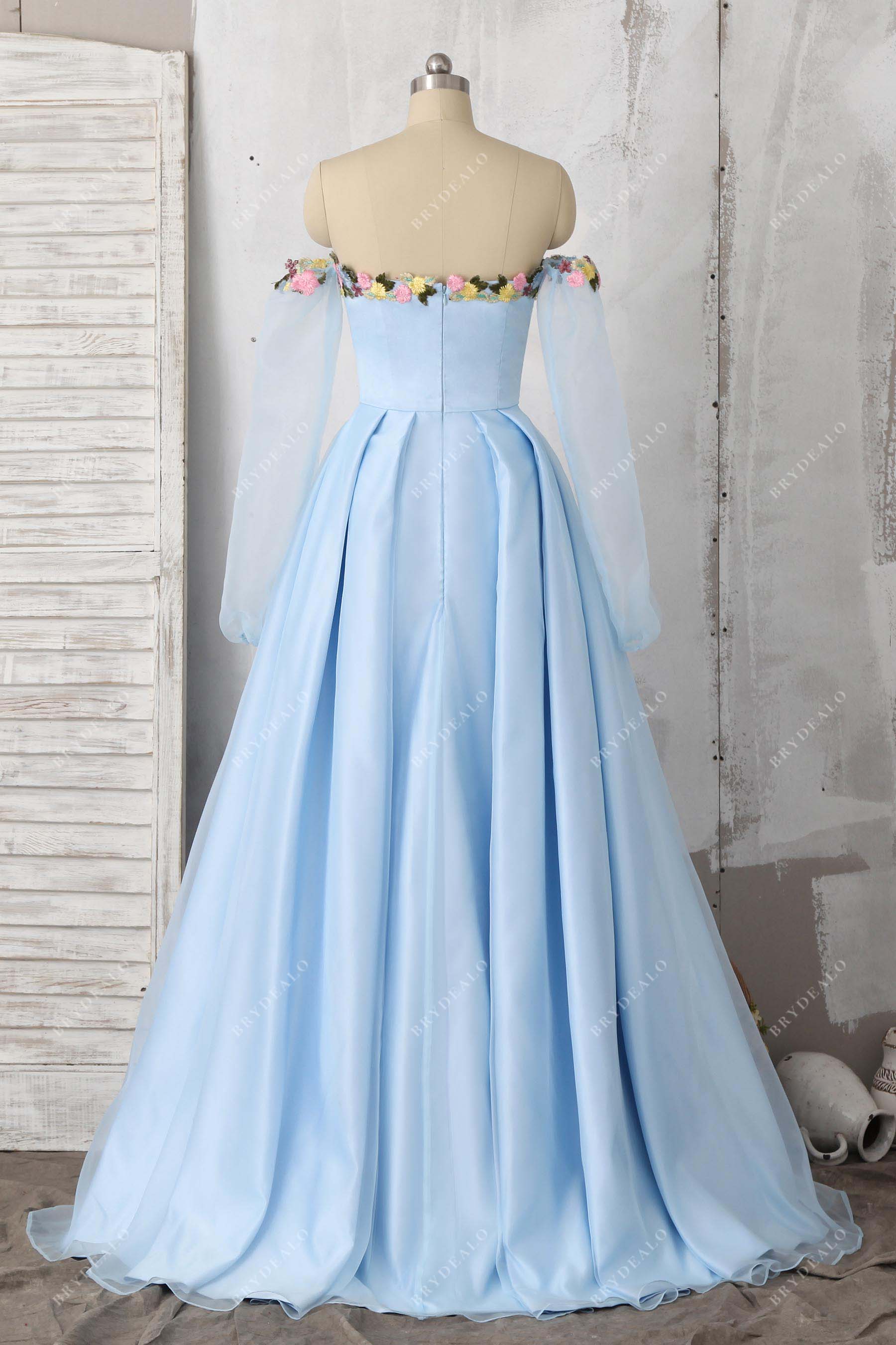 Off Shoulder Sky Blue Flower Sweetheart Prom Gown