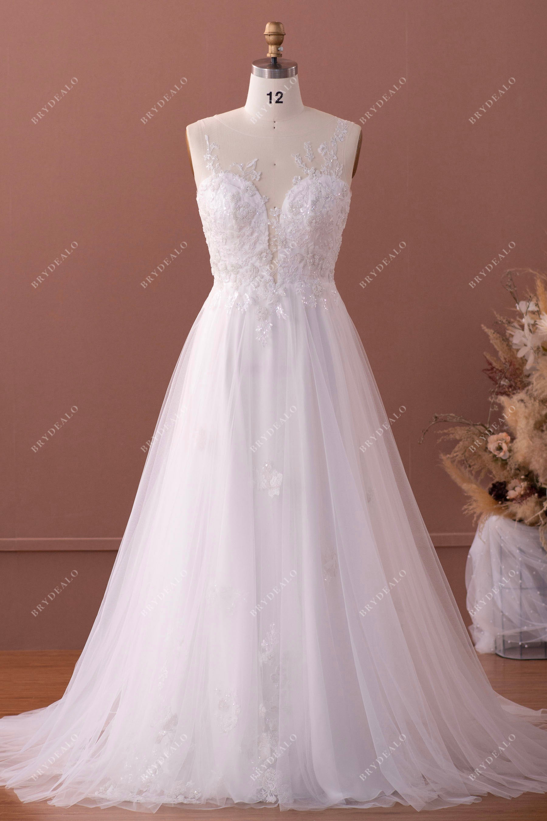 A-line sparkly lace tulle wedding dress