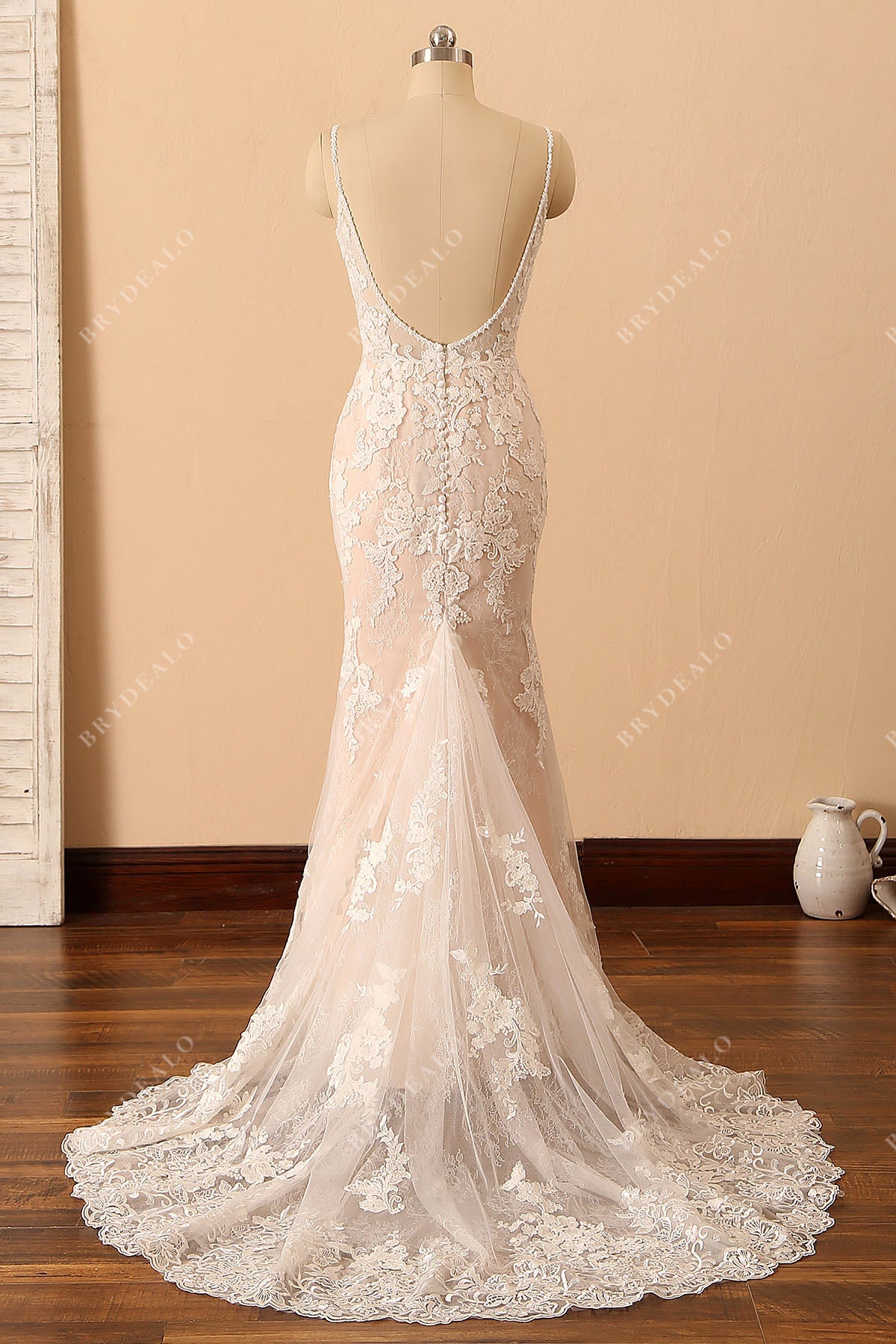 appliqued tulle godet mermaid wedding dress
