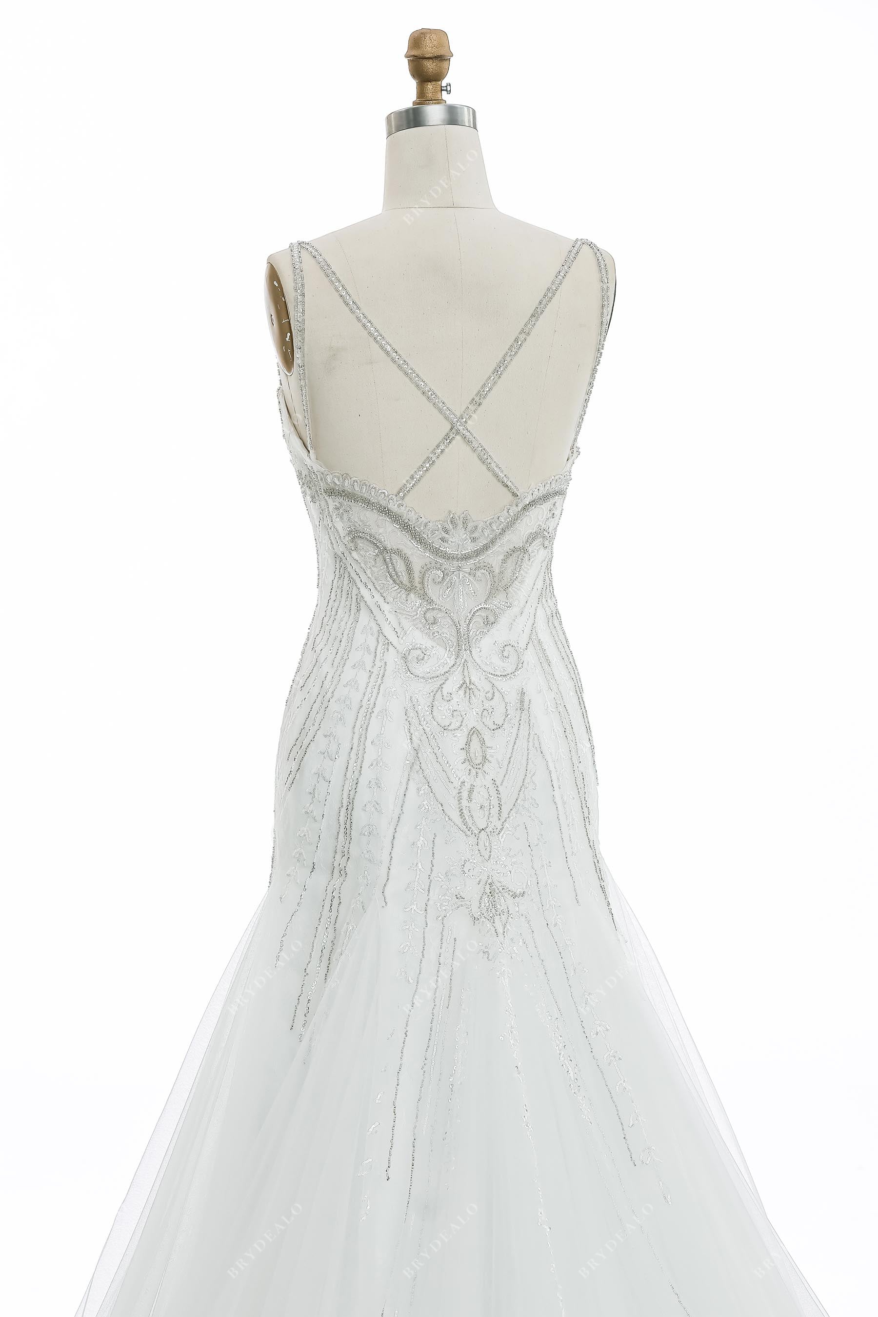 beaded criss cross back mermaid wedding dress