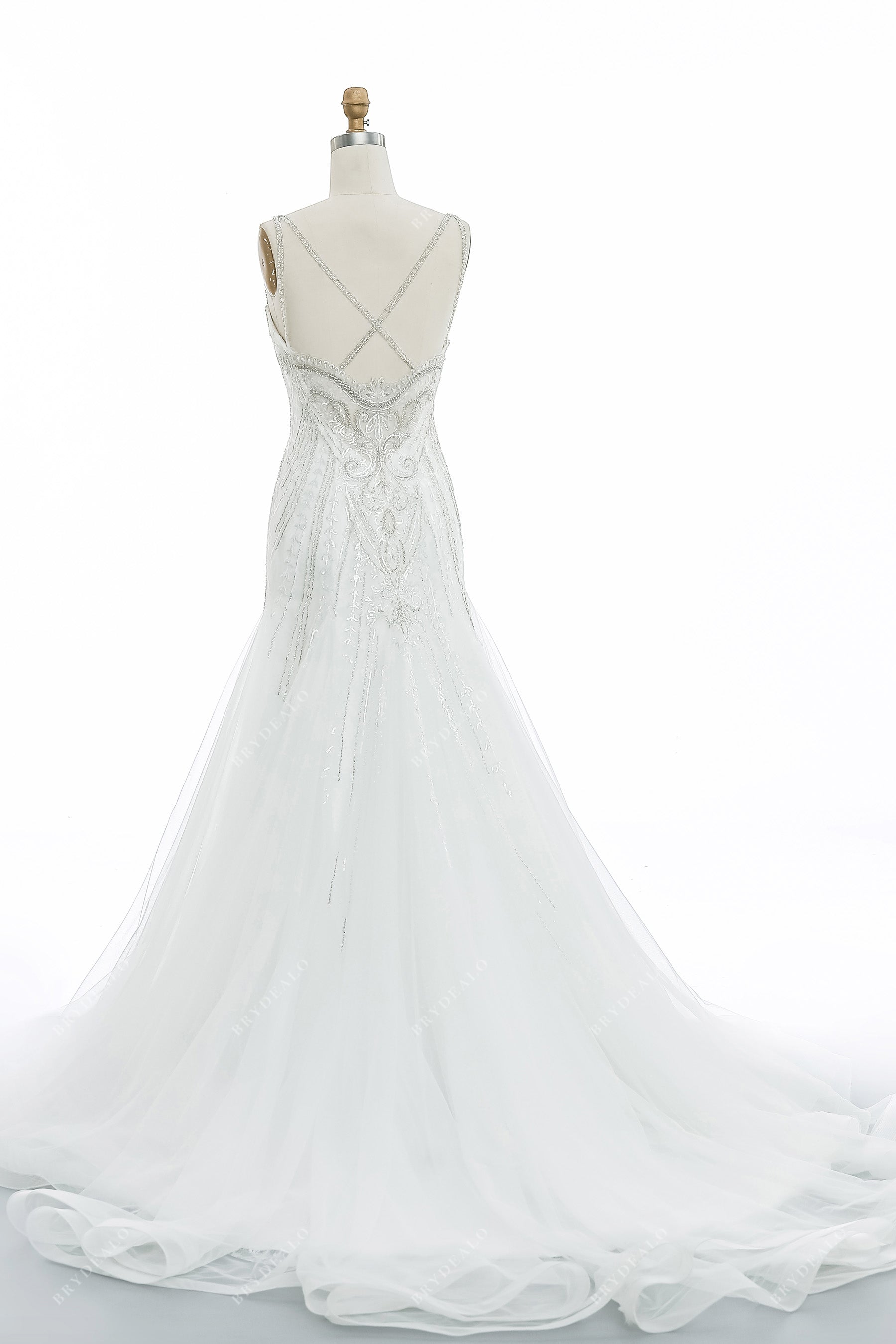 beaded crisscross straps mermaid ruffled tulle wedding gown