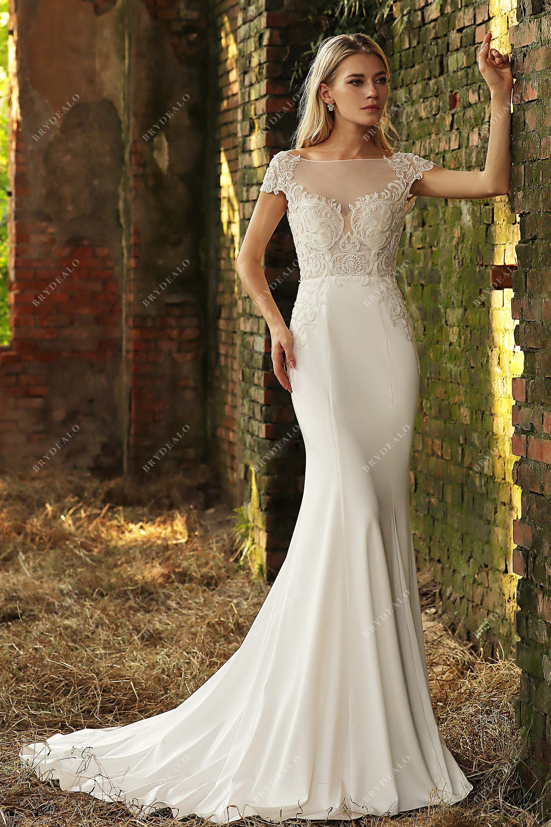 beaded lace cap sleeves mermaid satin wedding gown