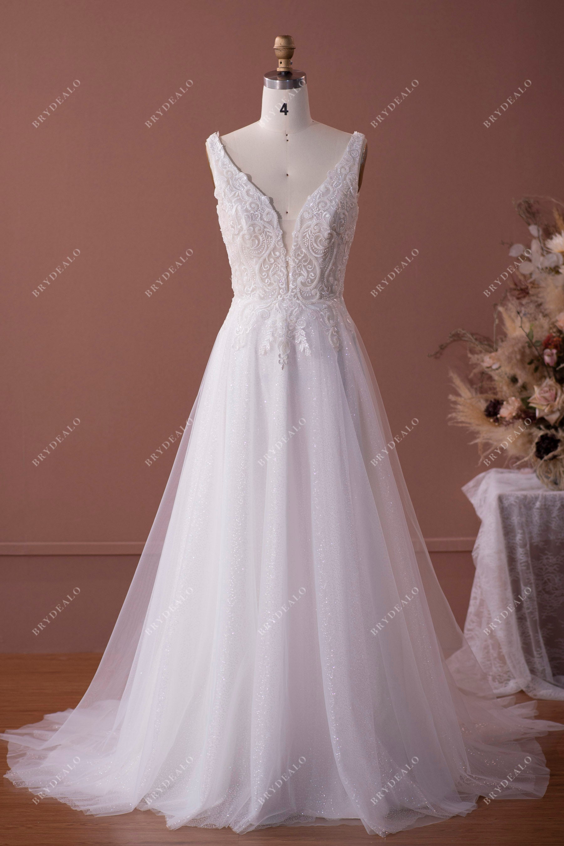 Beaded Lace Plunging Shimmery Sequined A-line Wedding Dress
