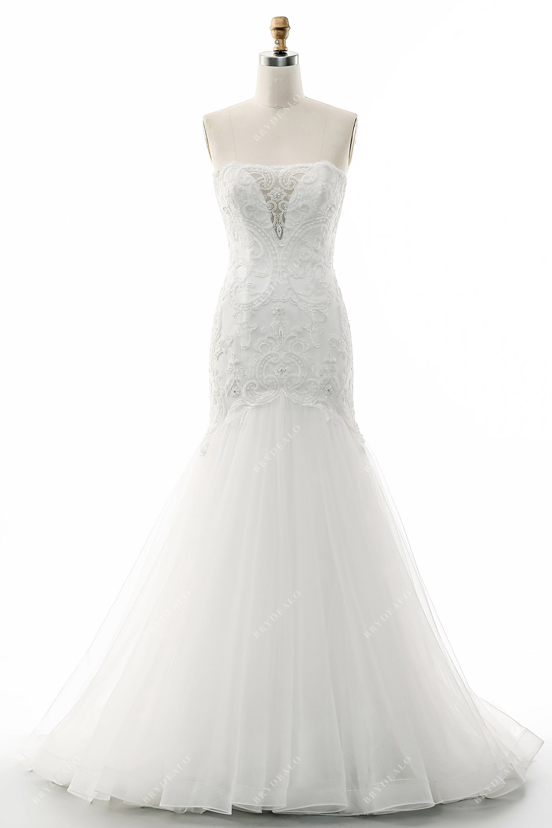 beaded lace tulle trumpet bridal gown with chapel train