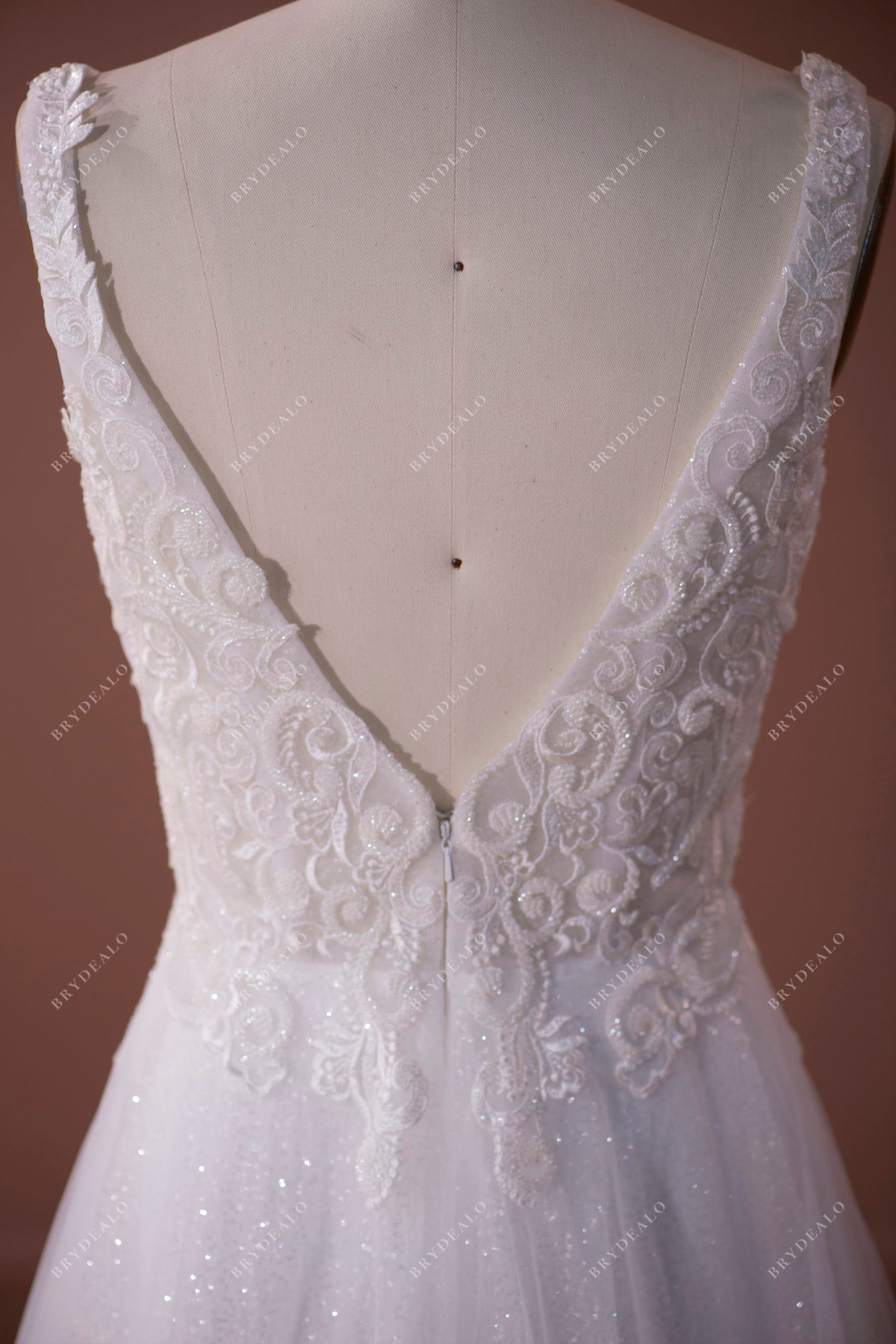 Beaded Lace Plunging Shimmery A-line Wedding Dress