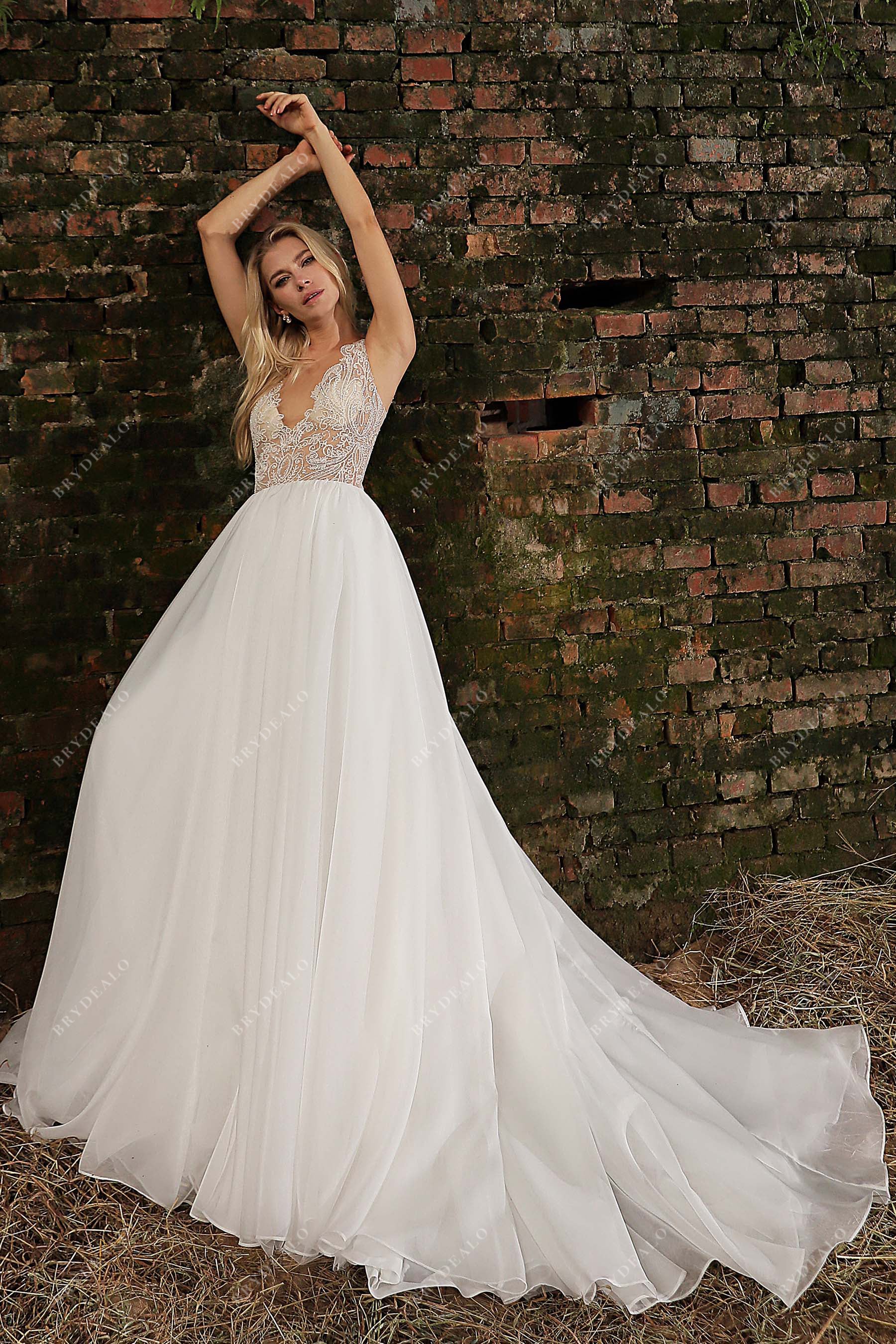 beaded sheer beteau neck organza A-line wedding gown