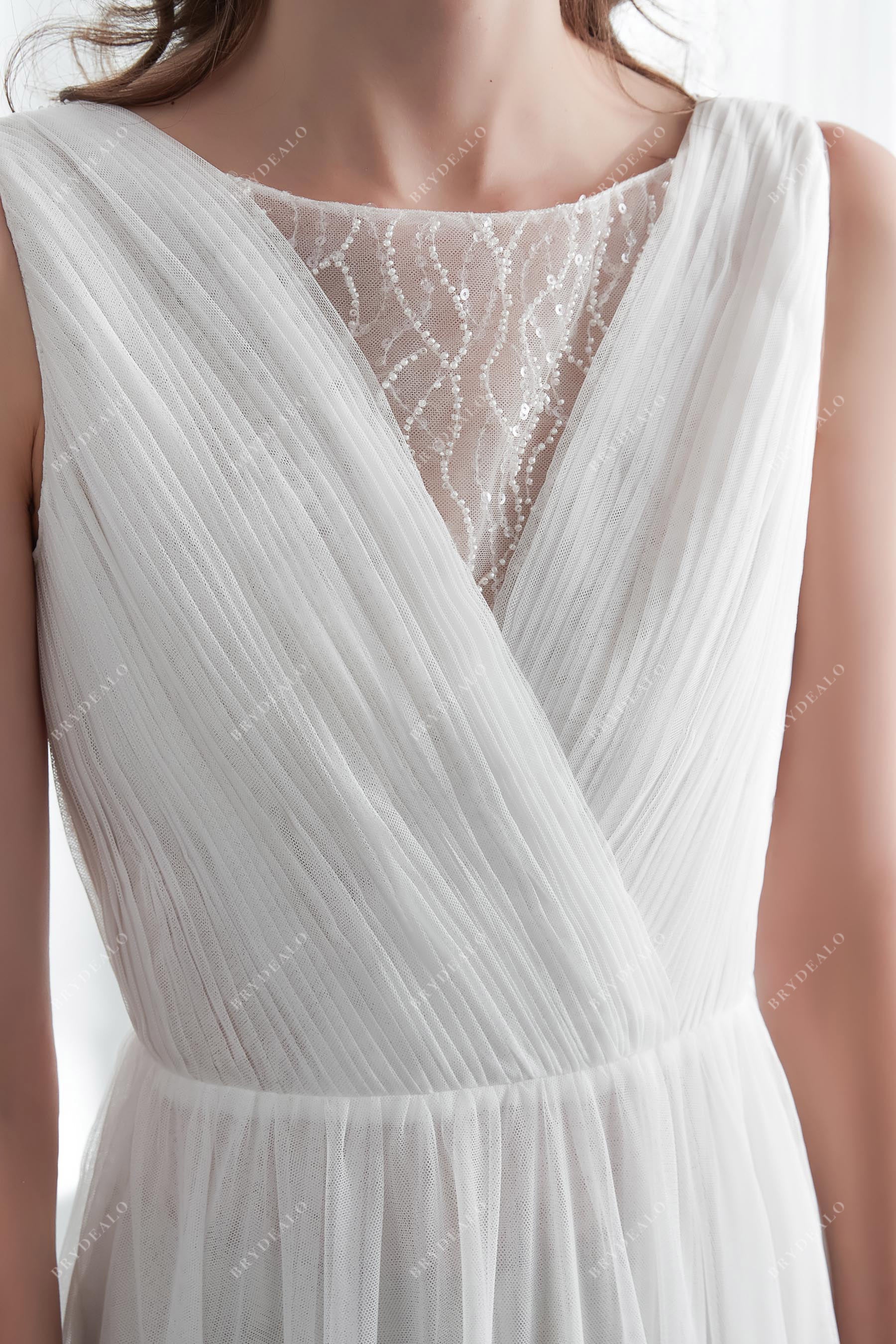 Illusion Beaded Neck Pleated Bridal Gown