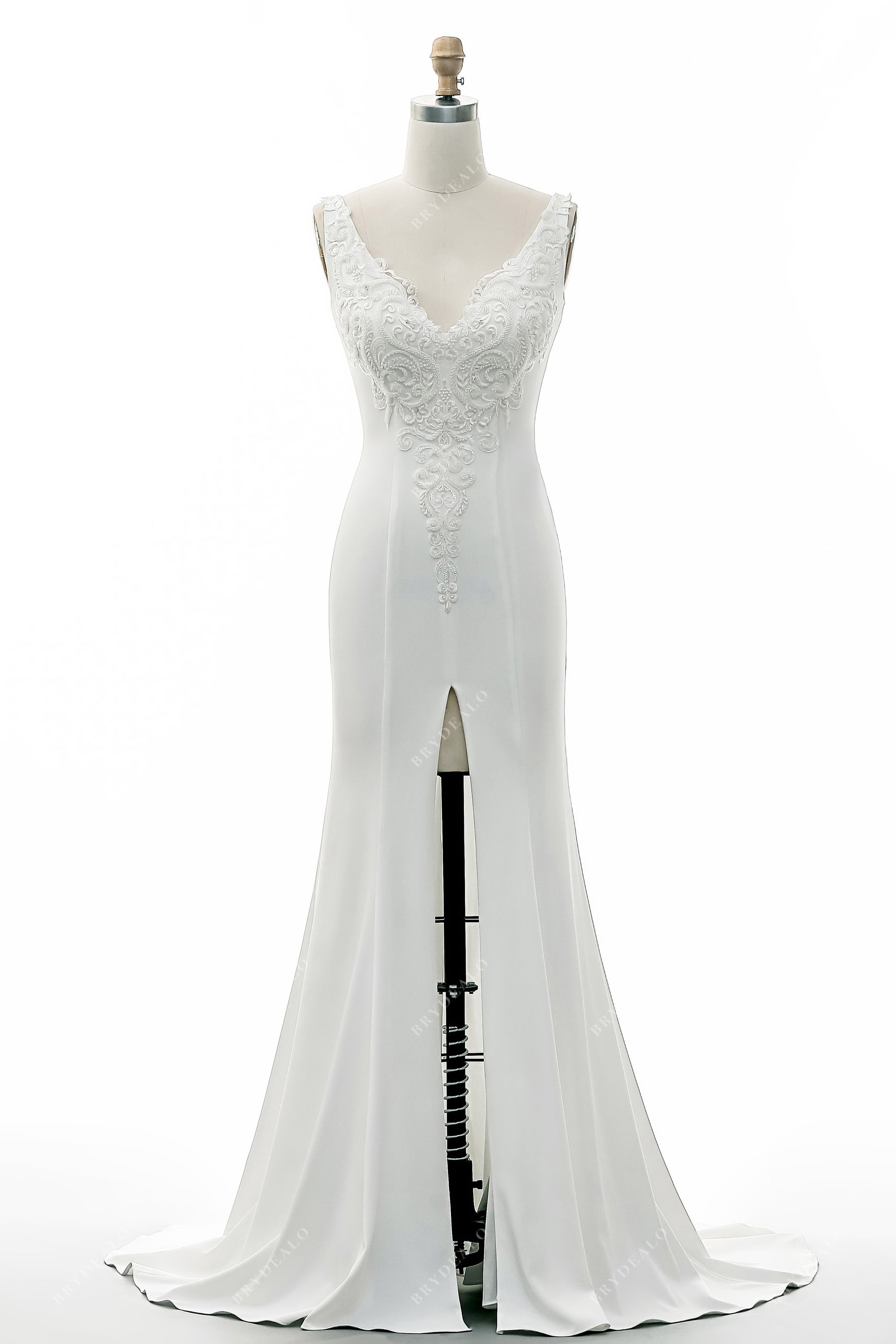 Slit V-neck Lace Crepe Wedding Gown