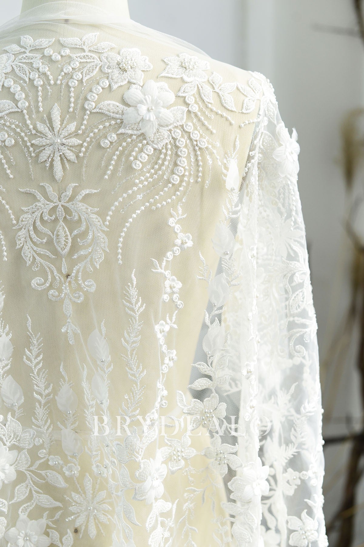 3D Flower Vine Lace Fabric with Pearls