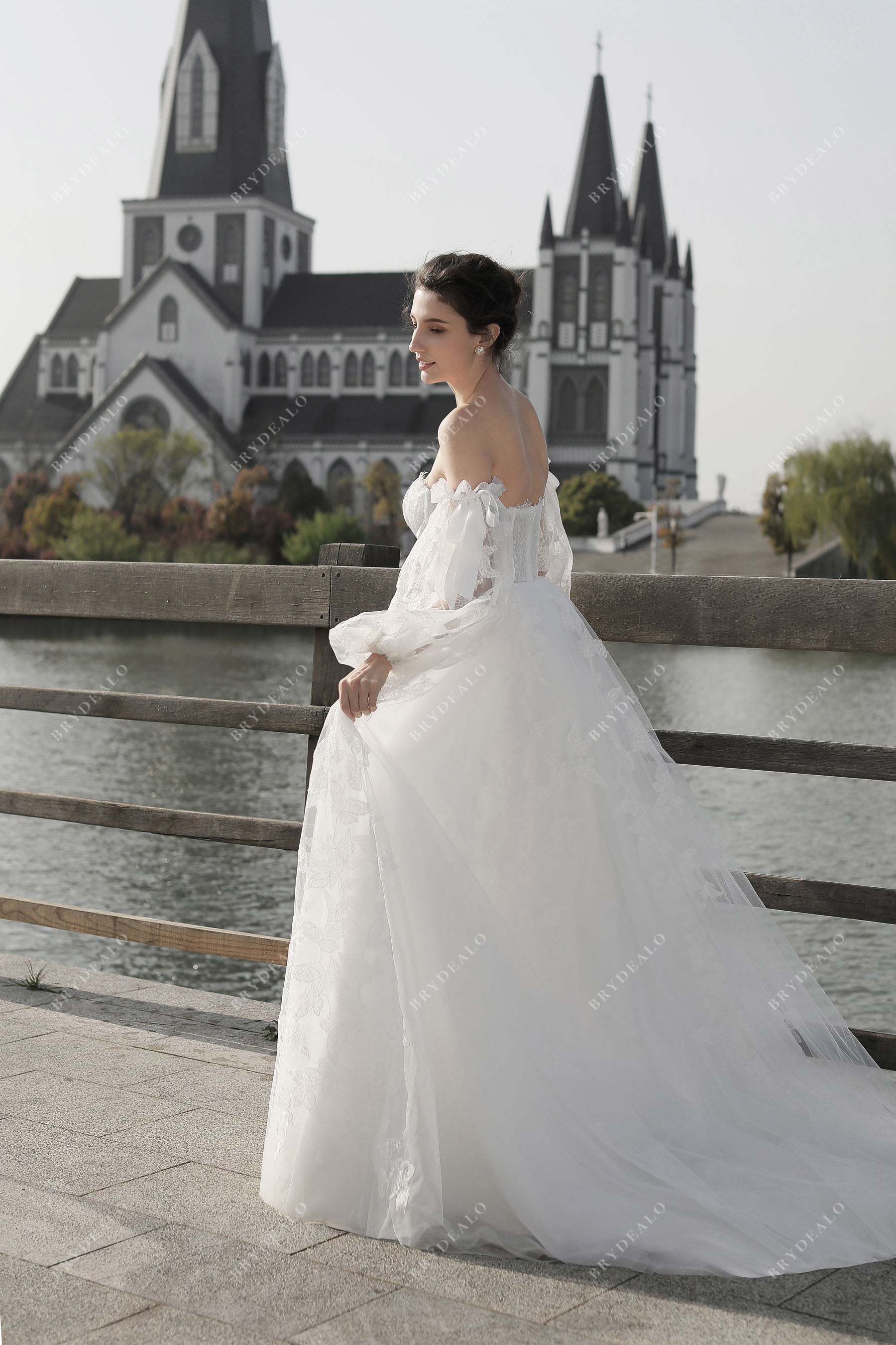 bell sleeves off shoulder wedding ball gown