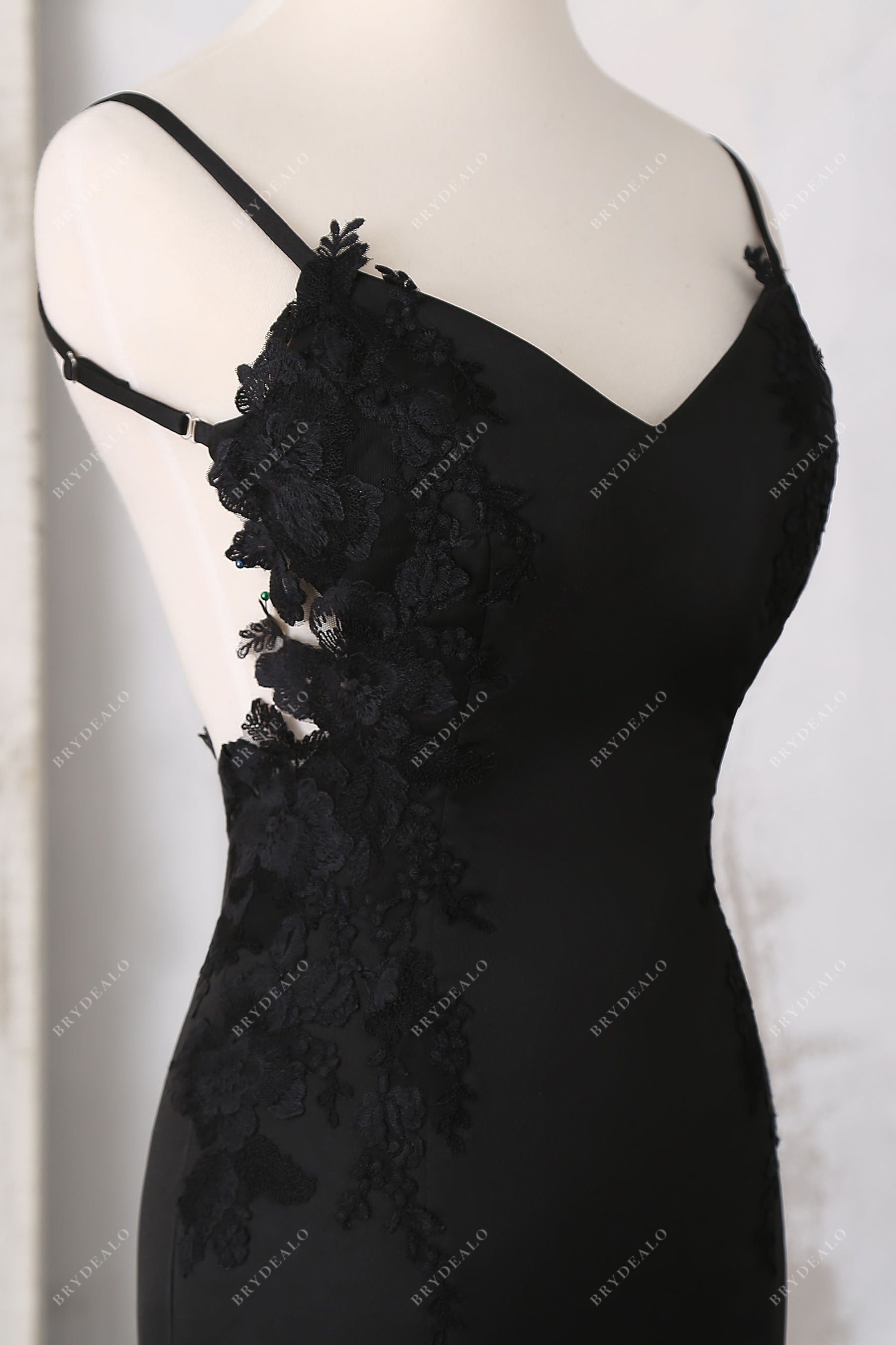 black lace appliques satin V-neck thin straps bridal dress