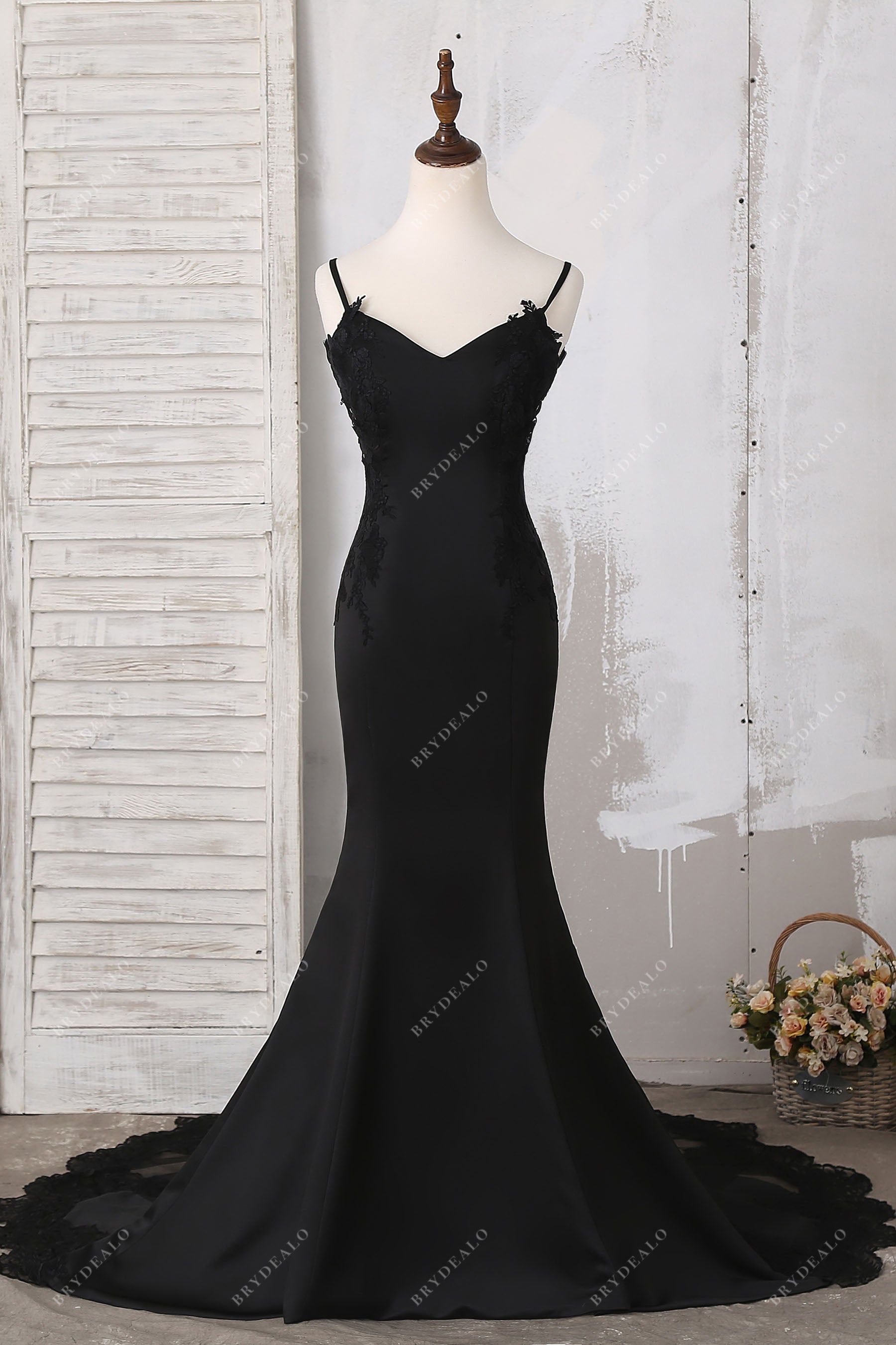 black lace appliques satin V-neck thin straps mermaid bridal dress