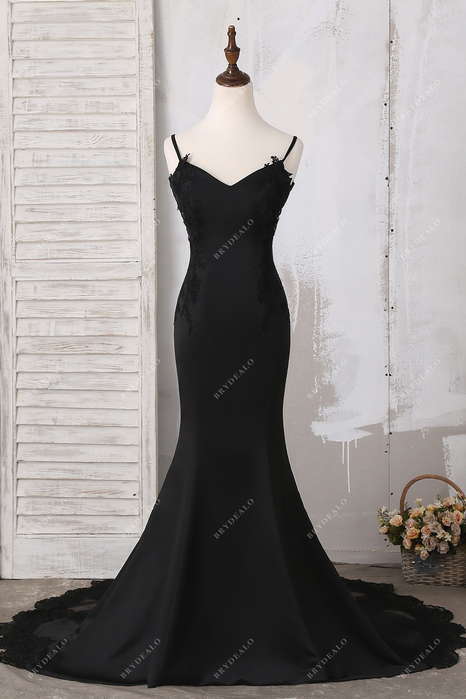 Black Lace Thin Straps Mermaid Bridal Dress Light Ivory Black Lace Thin Straps Mermaid Bridal Dress Light Ivory