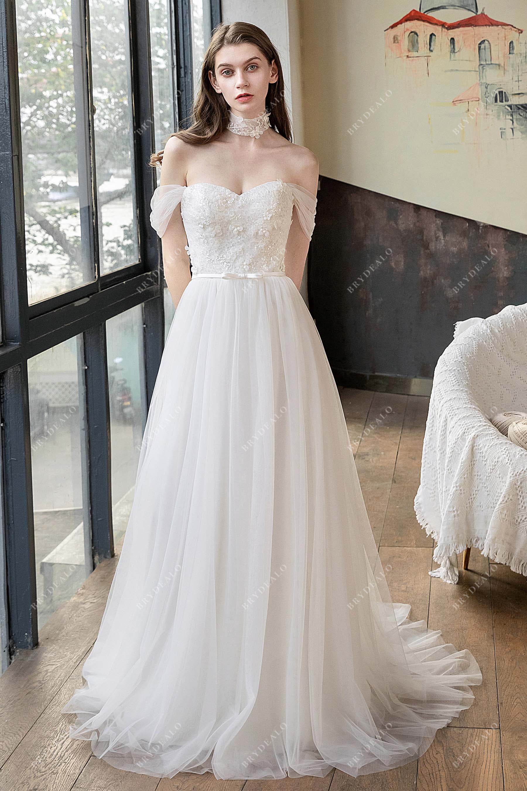 Lace Shoulder Wedding Dress Off-the-Shoulder Flower A-line Wedding