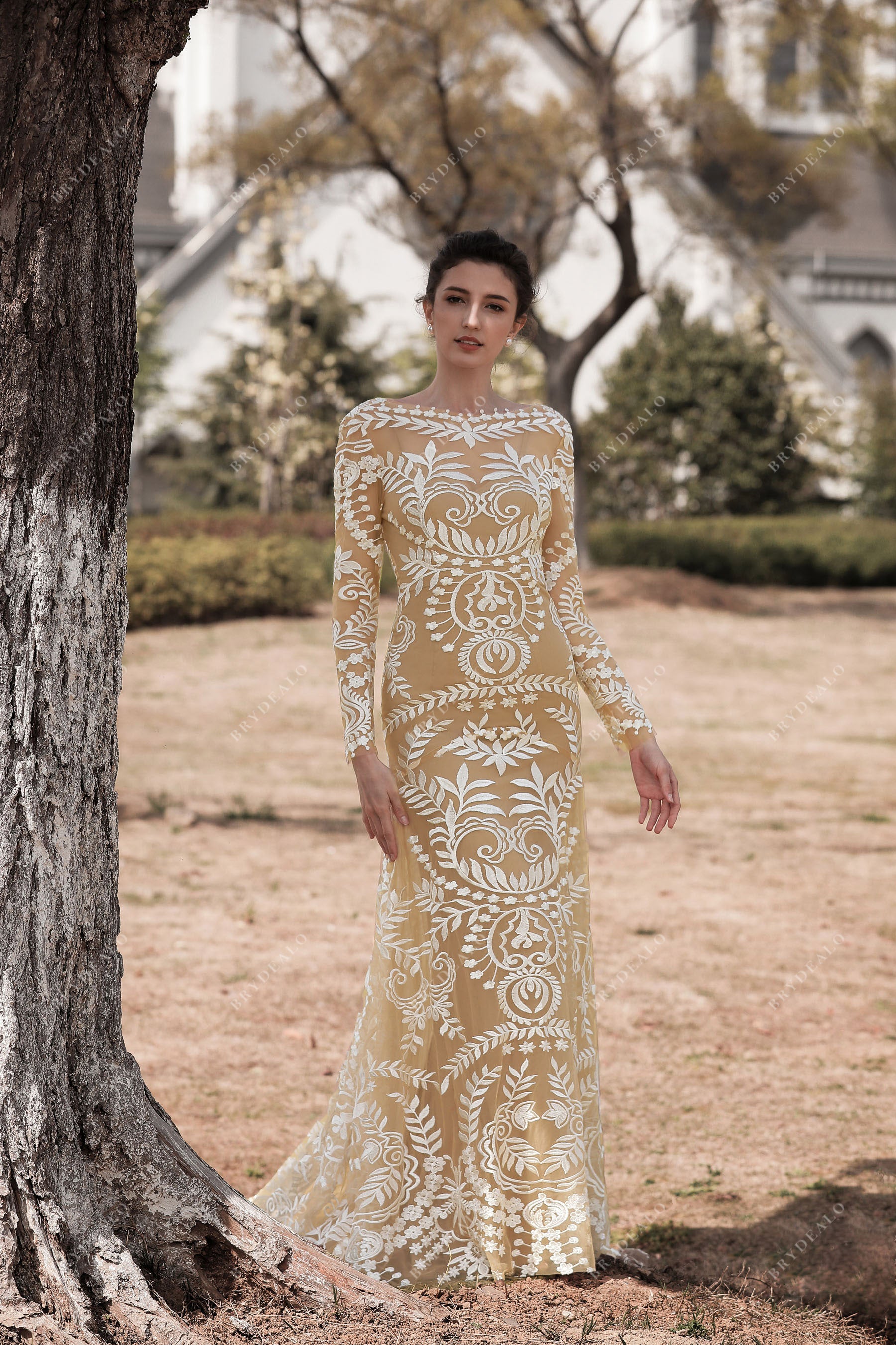Boho Sleeved Lace Wedding Dress with Slip Oyster Boho Sleeved Lace Wedding Dress with Slip Oyster