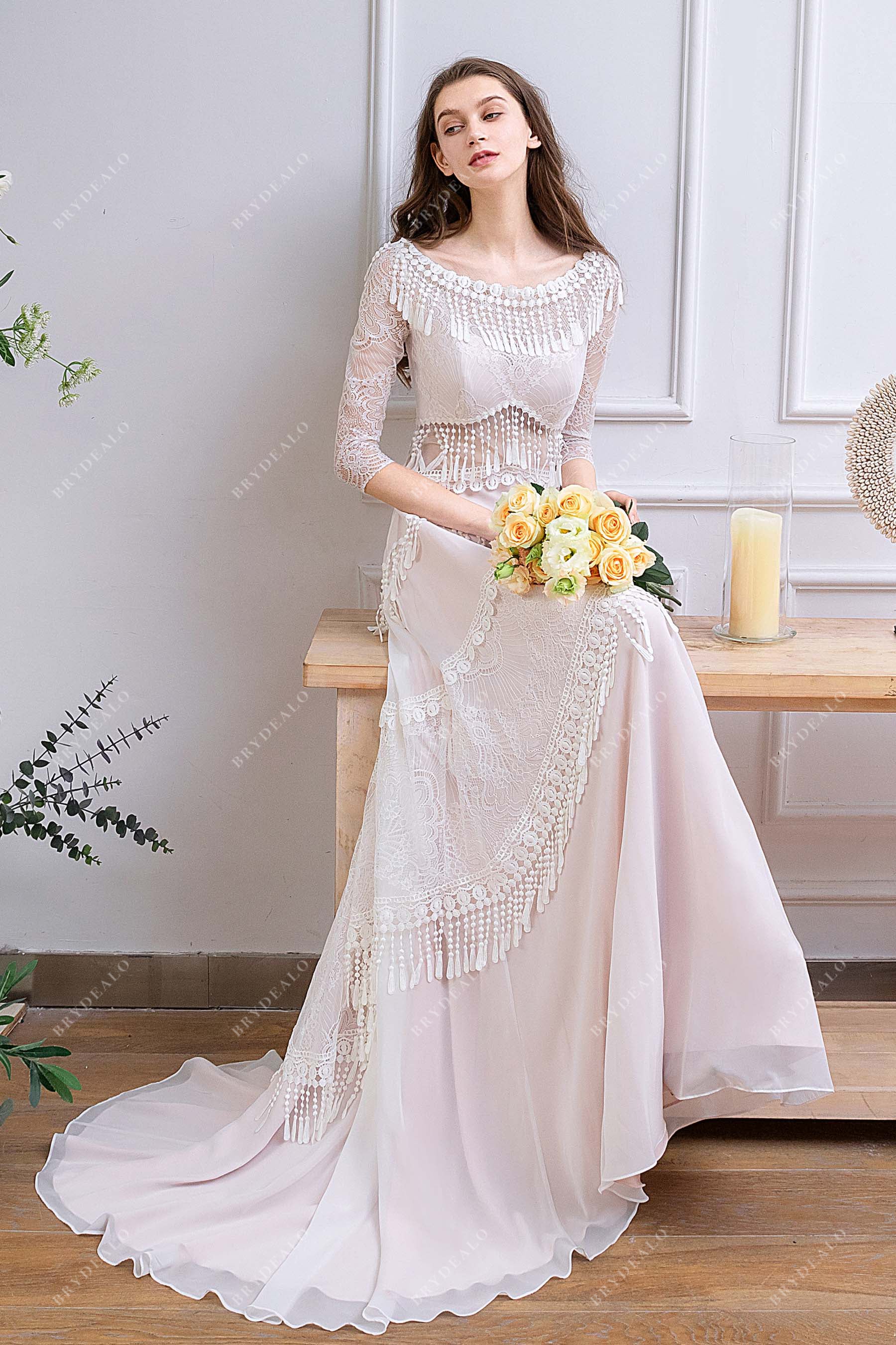Sleeved Pearl Pink Boho Tassels Wedding Dress Pearl Pink Sleeved Pearl Pink Boho Tassels Wedding Dress Pearl Pink