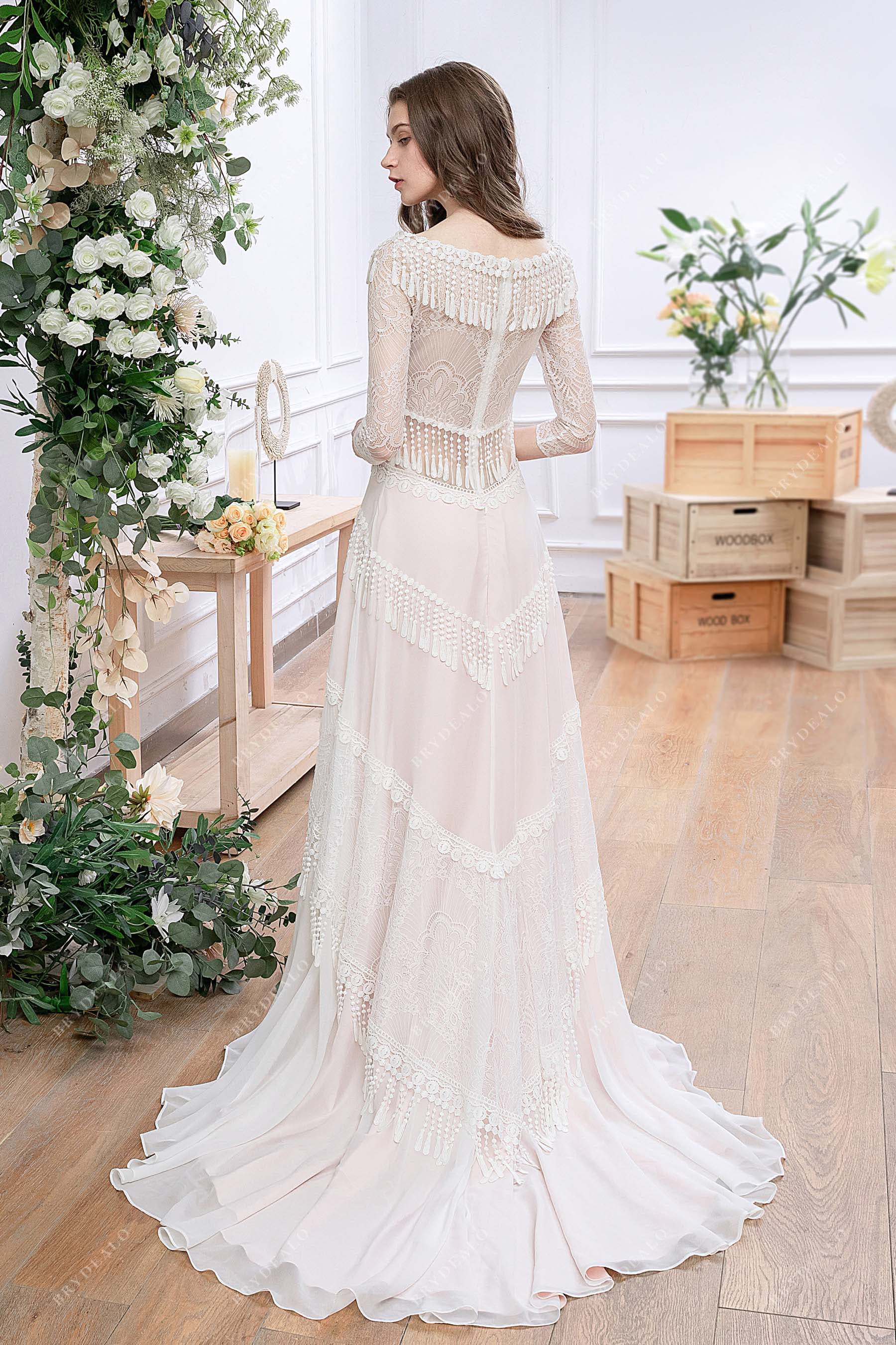 boho tassels sweep train sleeve pearl pink bridal gown