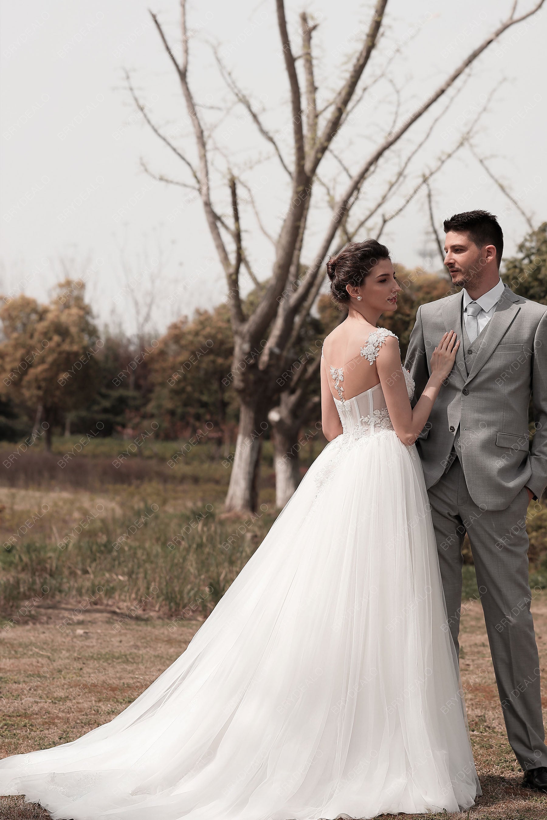 Wholesale Cap Sleeve Beaded Lace Puffy A-line Wedding Dress