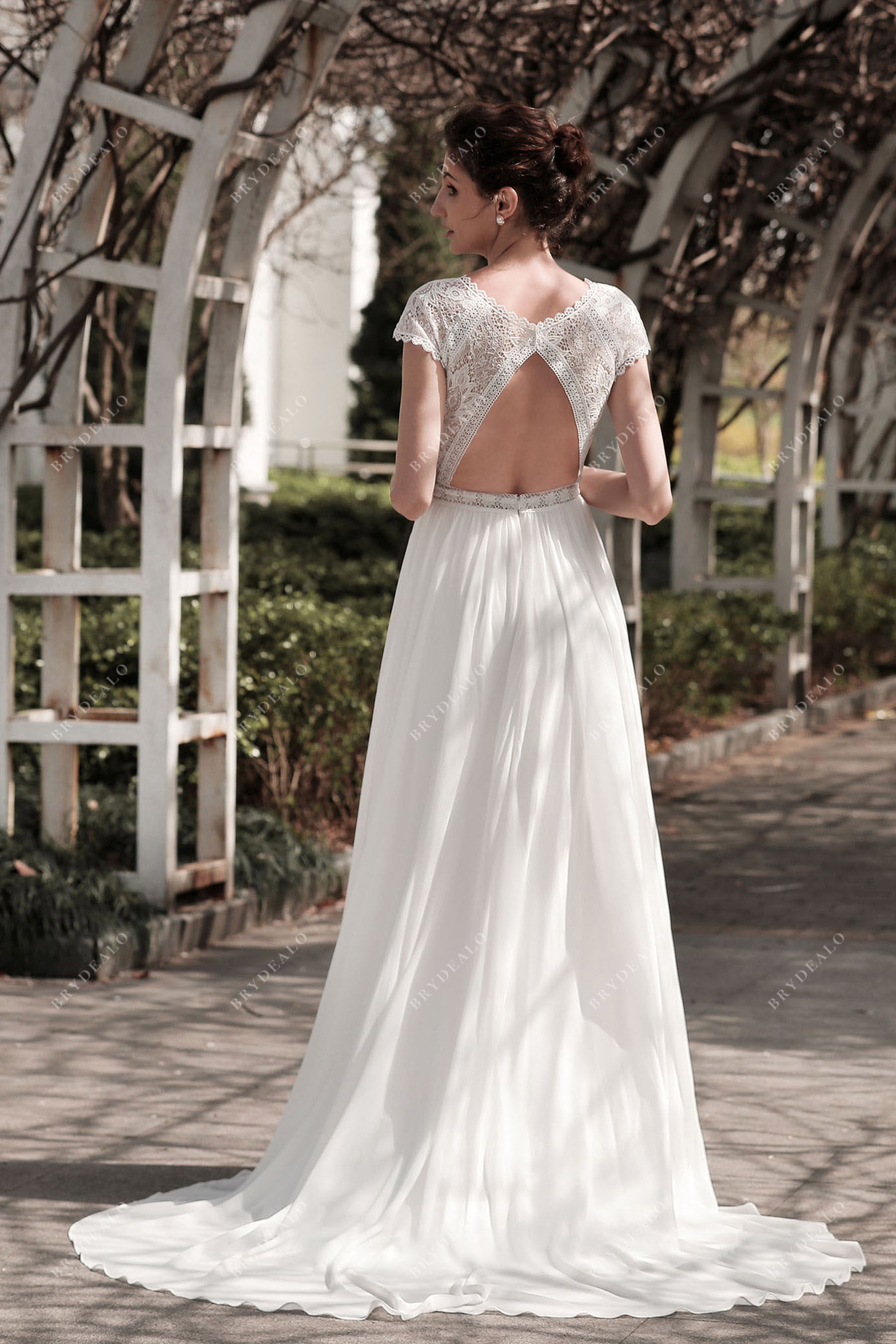 keyhole back private label lace chiffon bridal gown