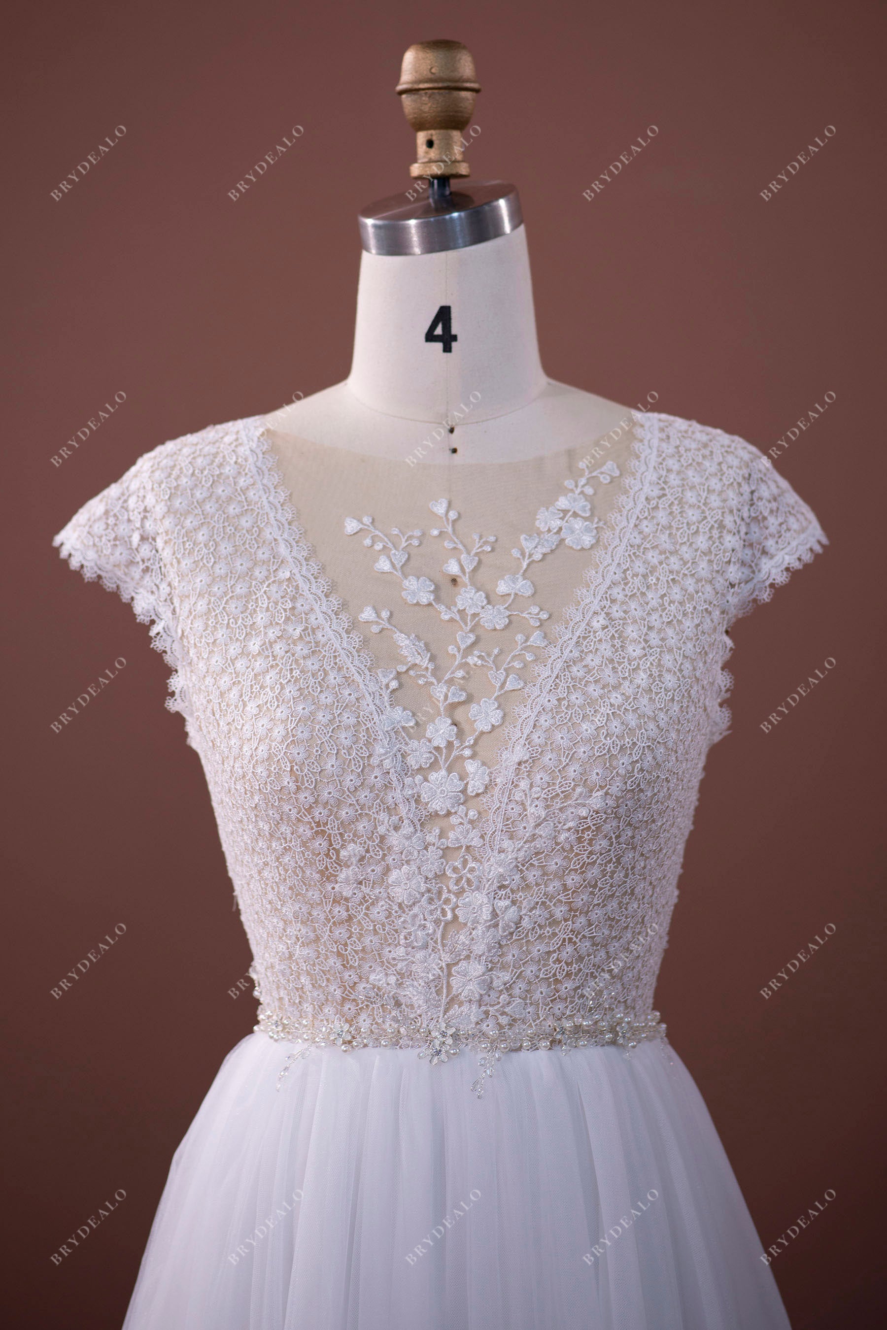 Cap Sleeve Illusion Floral Lace Tulle Wedding Dress