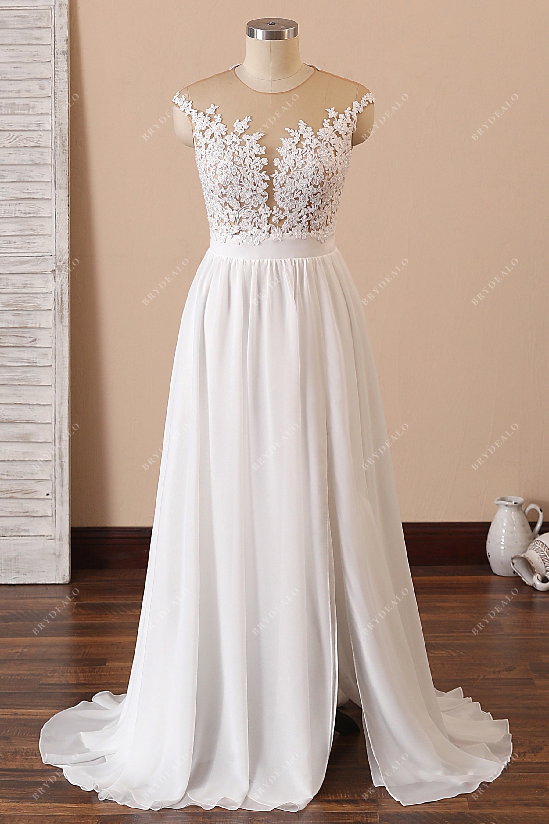 elegant beach wedding dresses Cap Sleeve Lace Chiffon Slit Beach Wedding Dress