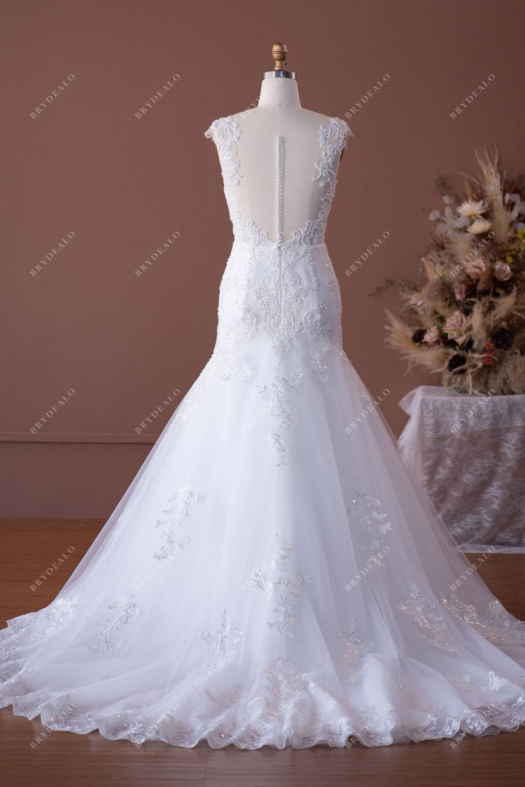 Illusion Back Pearl Sequin Lace Mermaid Long Train Wedding Dress