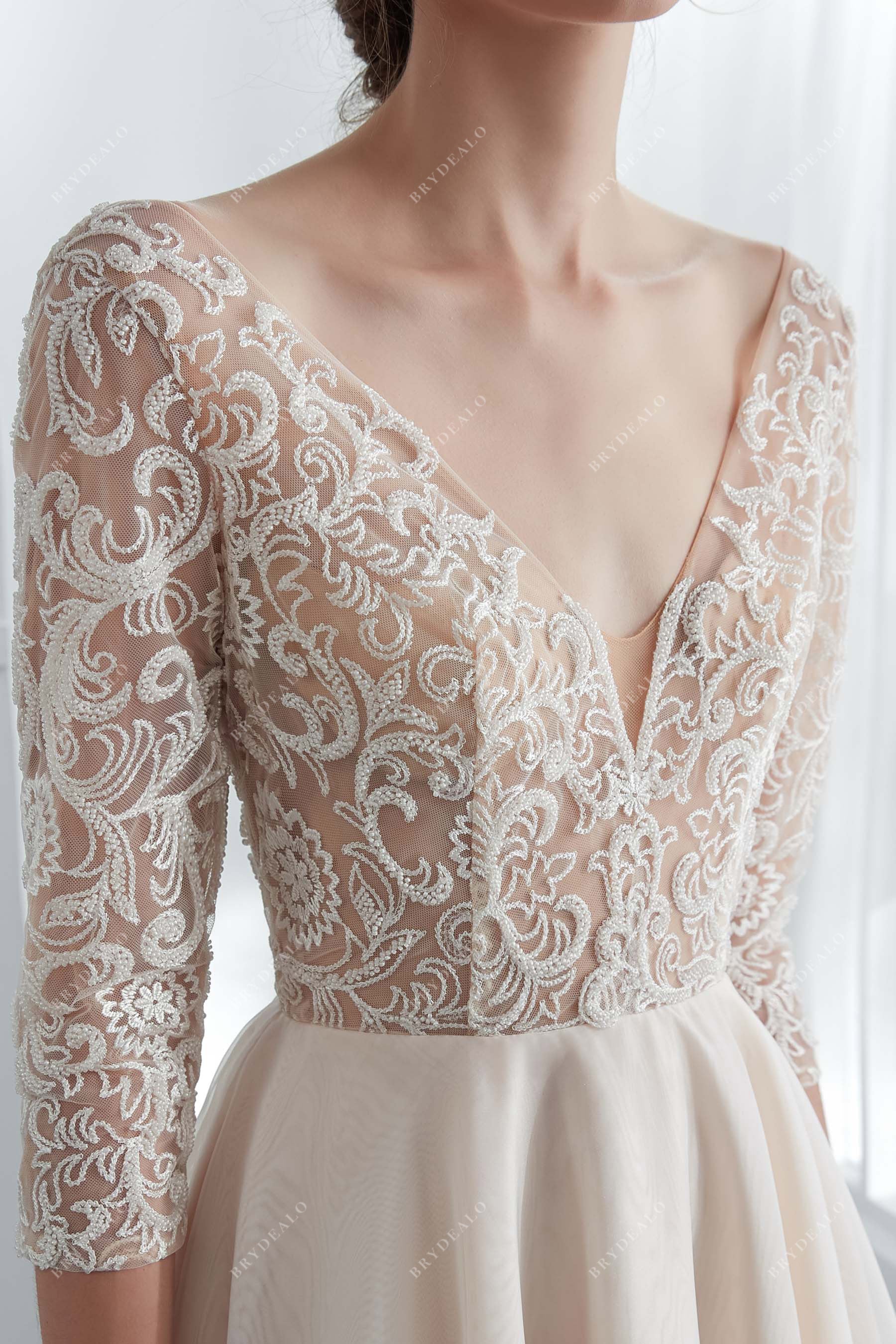 Champagne Illusion 3/4 Sleeve Lace Wedding Dress for Wholesale