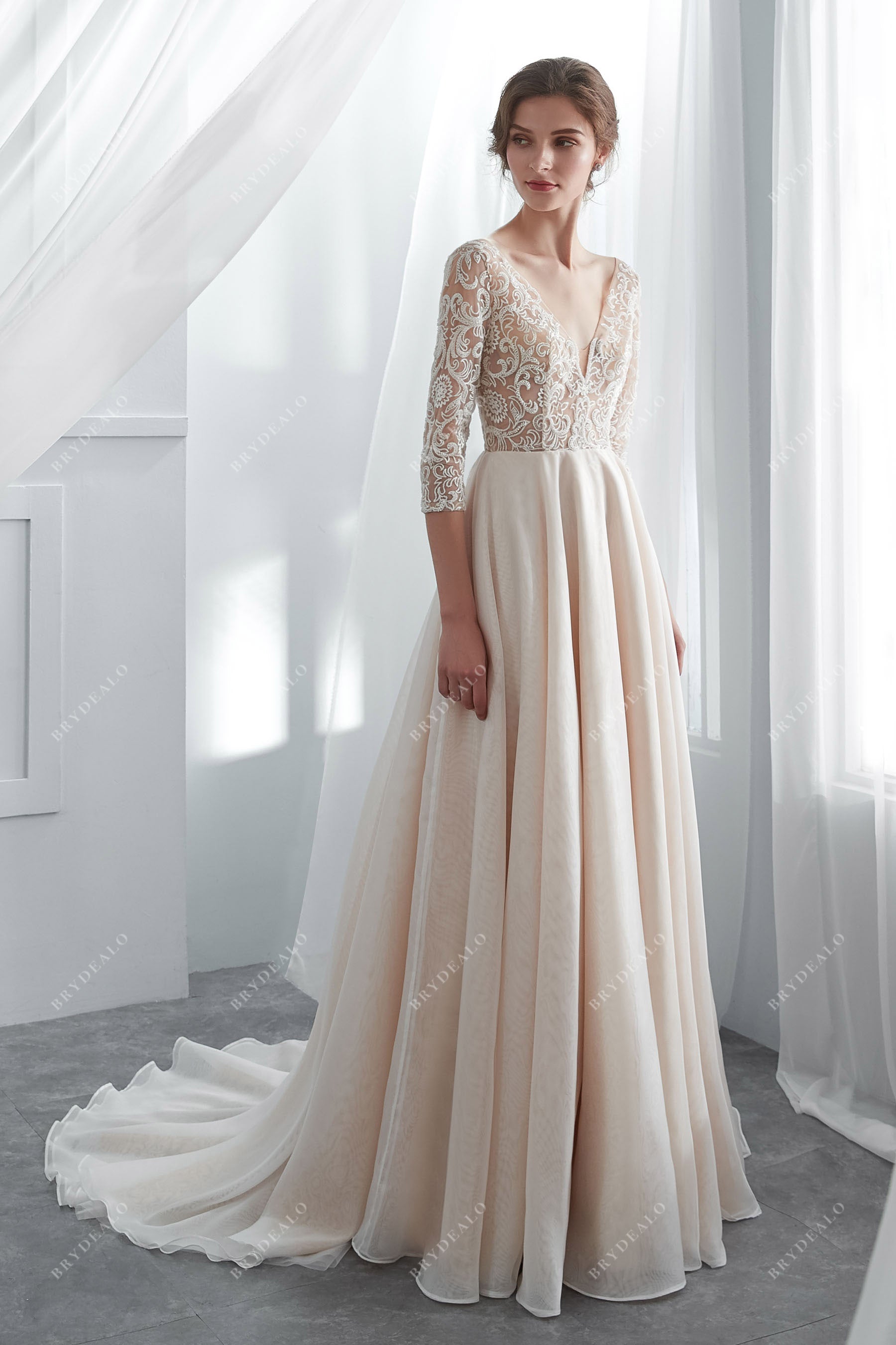 Champagne Illusion 3/4 Sleeve Lace Wedding Dress Champagne Champagne Illusion 3/4 Sleeve Lace Wedding Dress Champagne