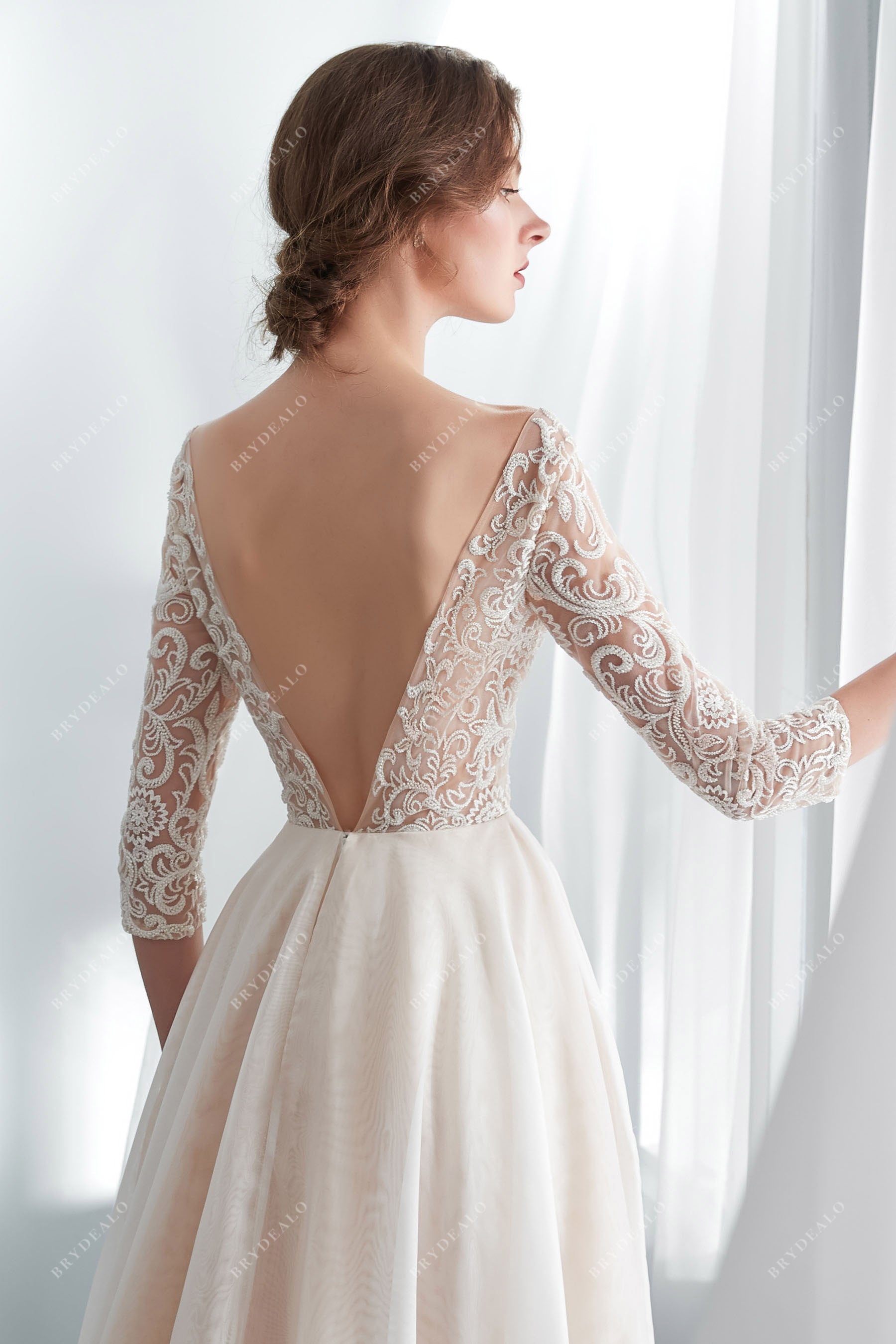 Wholesale Champagne Illusion 3/4 Sleeve Lace Wedding Dress