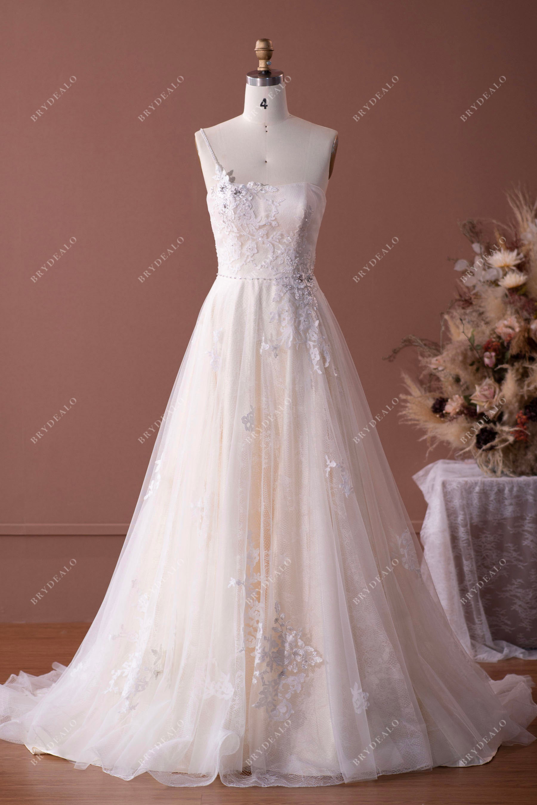 Beaded One Shoulder Lace Tulle Long A-line Wedding Dress Light Ivory Beaded One Shoulder Lace Tulle Long A-line Wedding Dress Light Ivory
