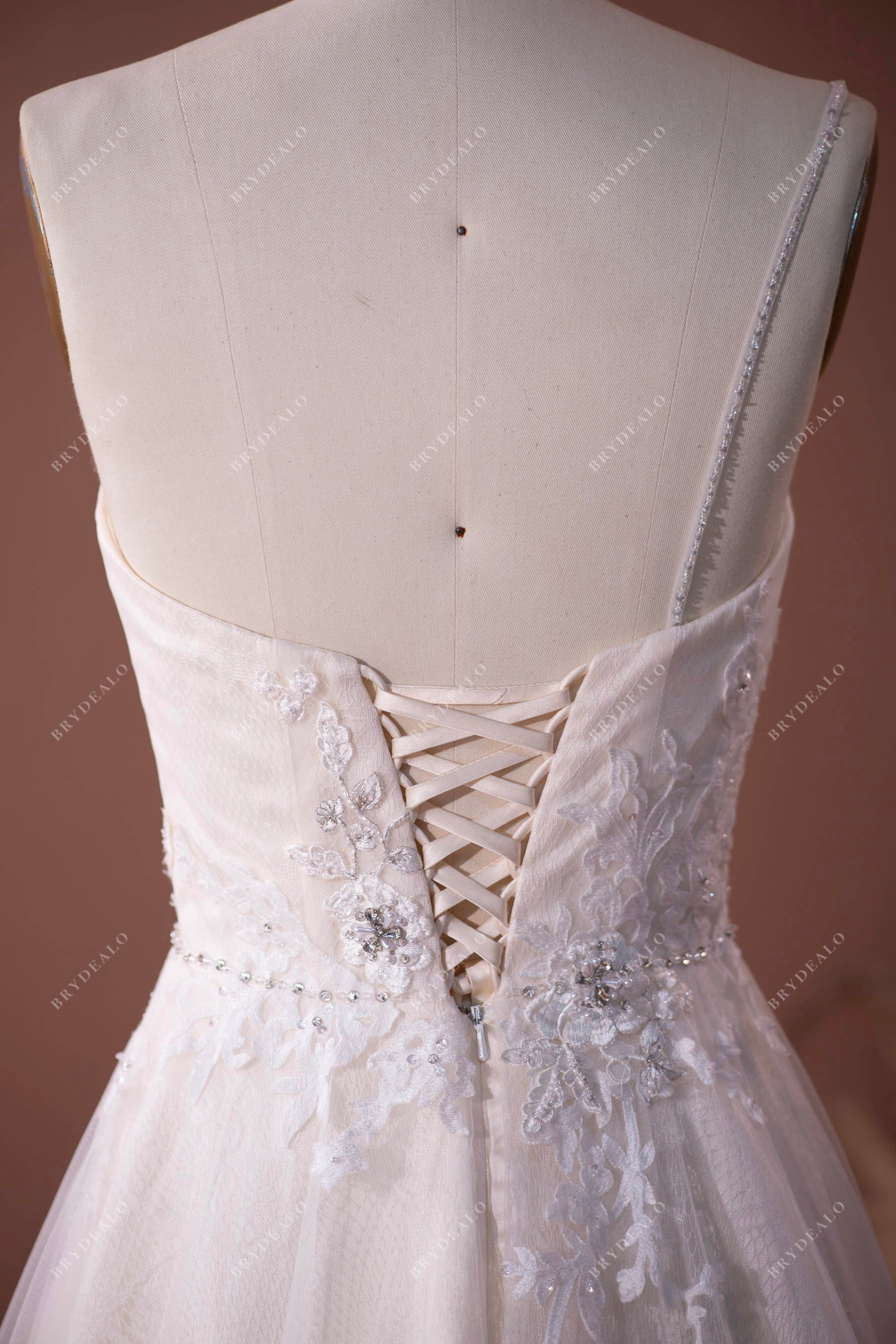 Beaded Lace Up Back Tulle Long A-line Wedding Dress